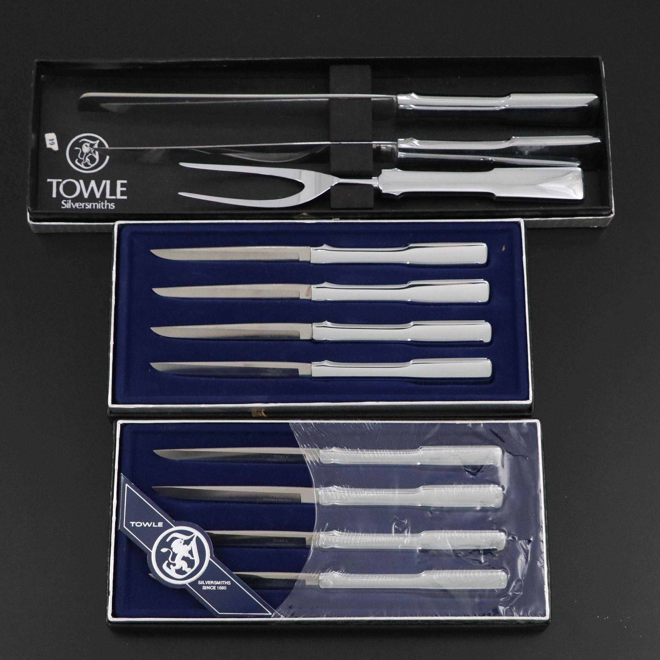 Towle Stainless Steel Carving Set and Steak Knives