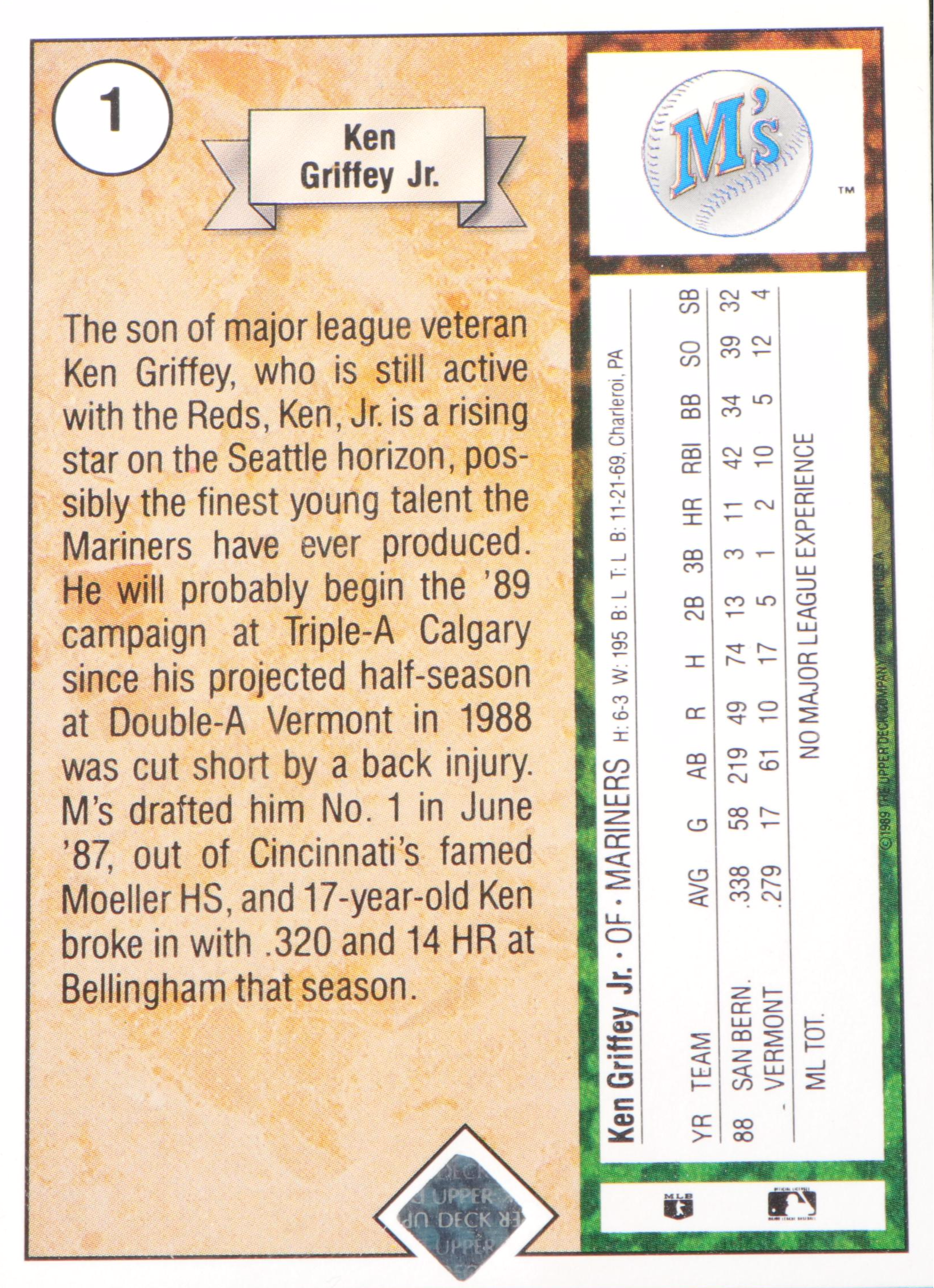 1989 Upper Deck Ken Griffey Jr. Rookie Baseball Card #1 Graded SGC 8