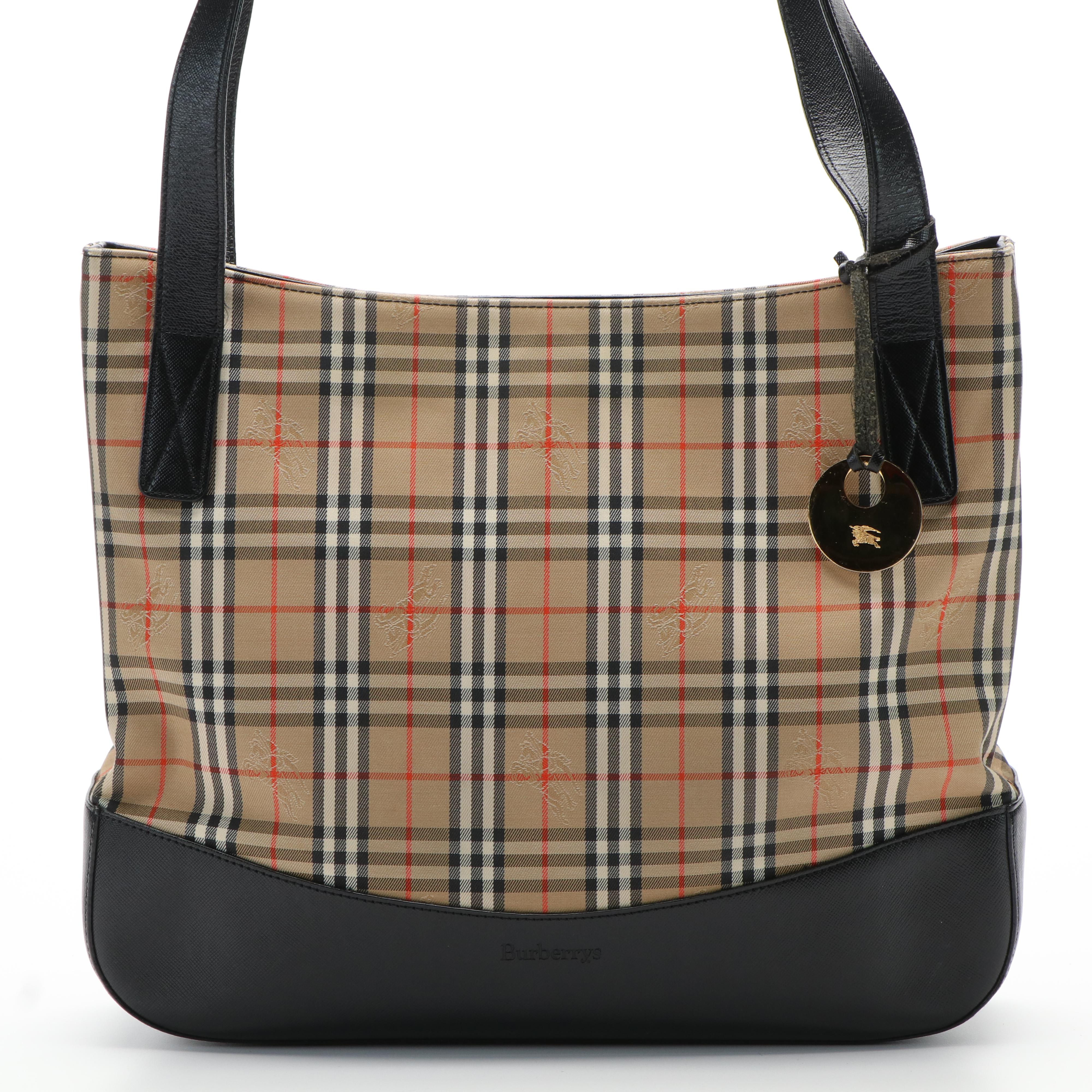 Burberrys Haymarket Check Canvas and Black Leather Tote Bag