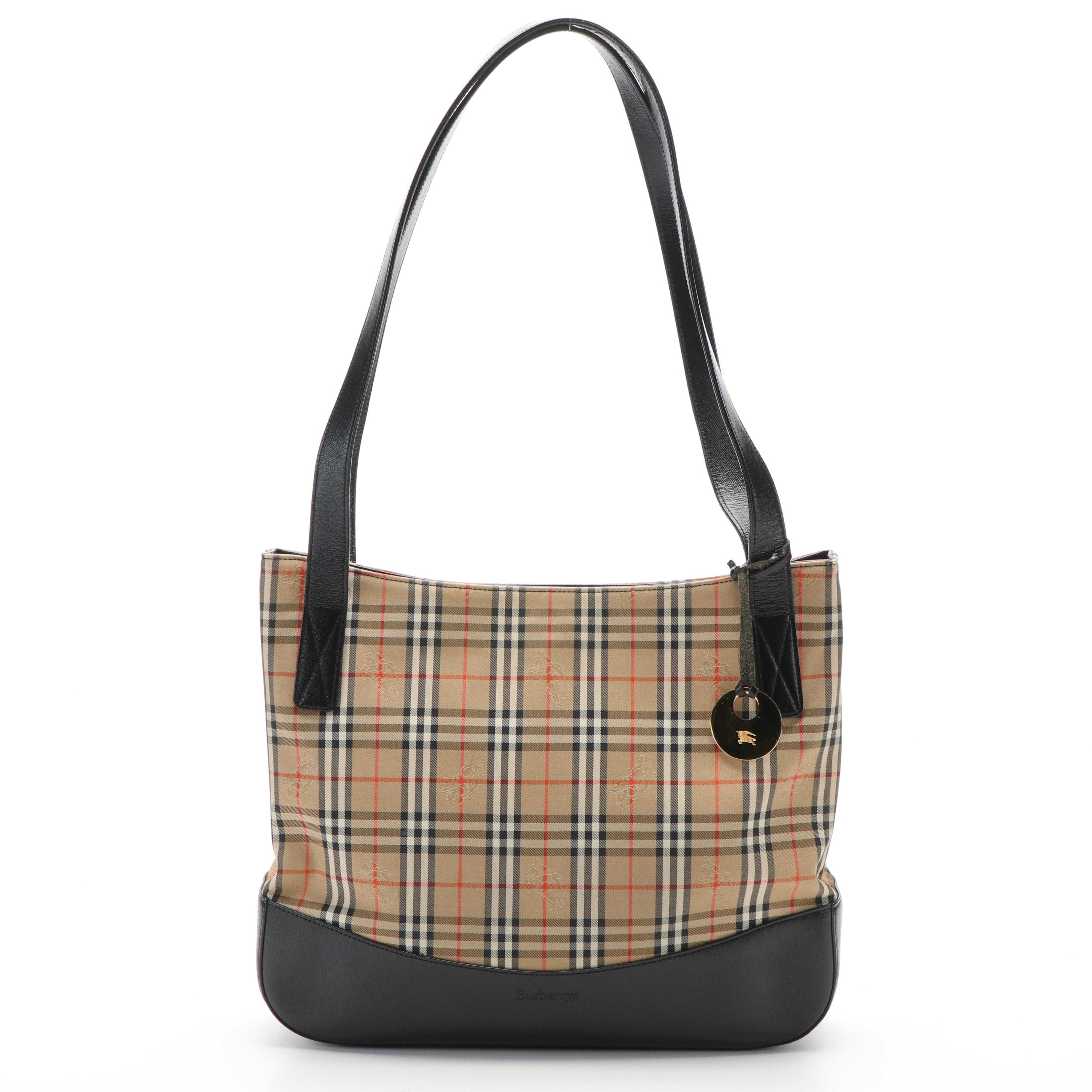 Burberrys Haymarket Check Canvas and Black Leather Tote Bag
