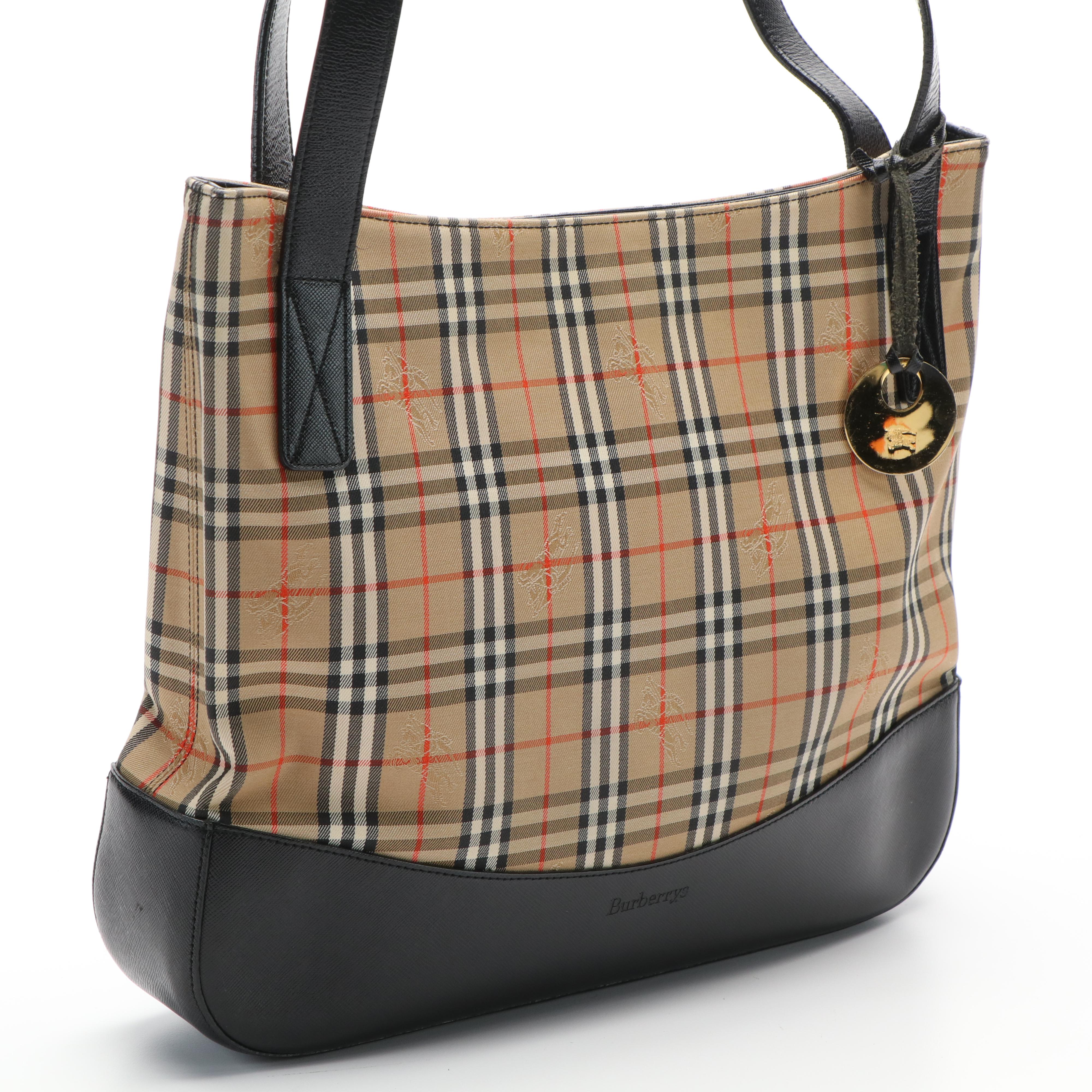 Burberrys Haymarket Check Canvas and Black Leather Tote Bag