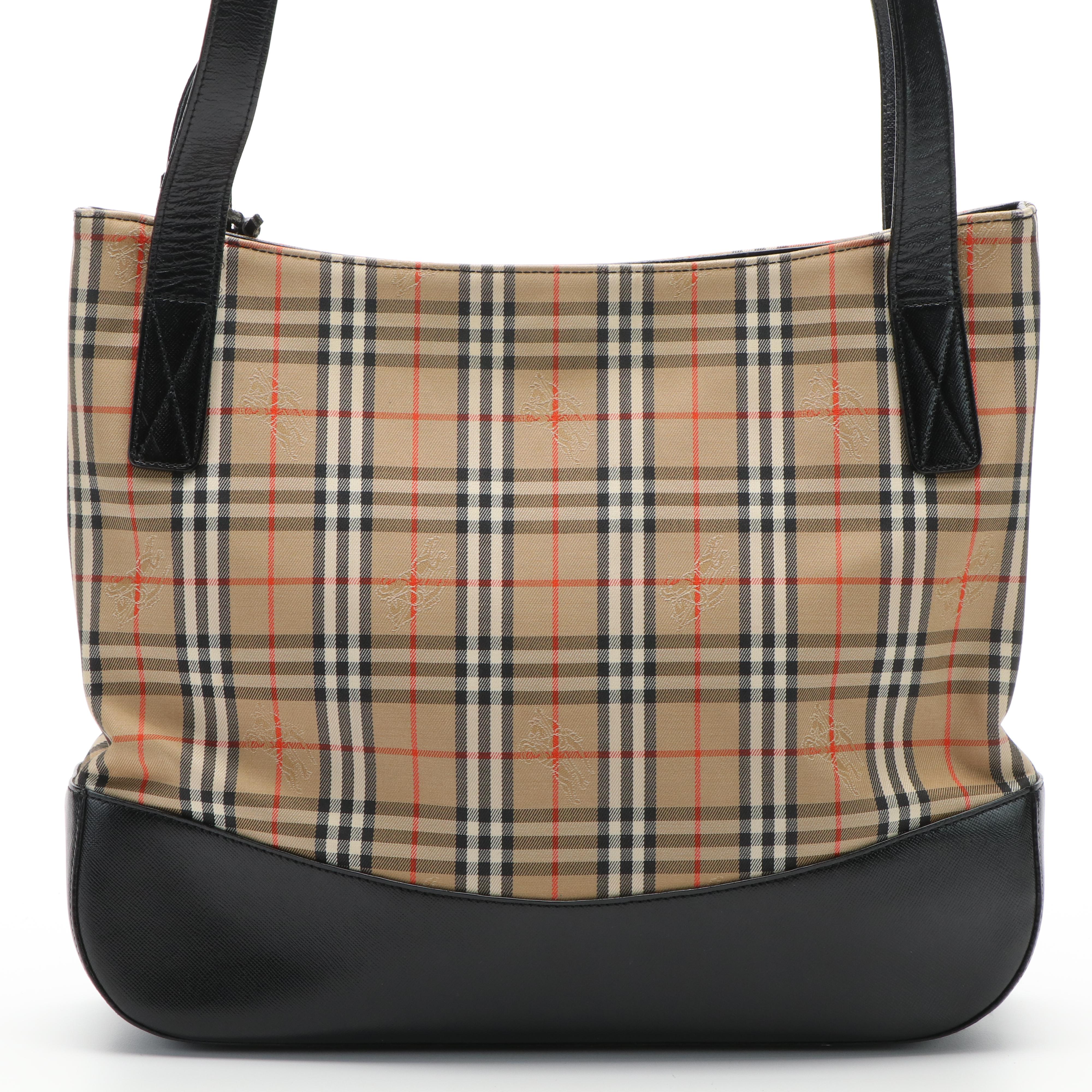 Burberrys Haymarket Check Canvas and Black Leather Tote Bag