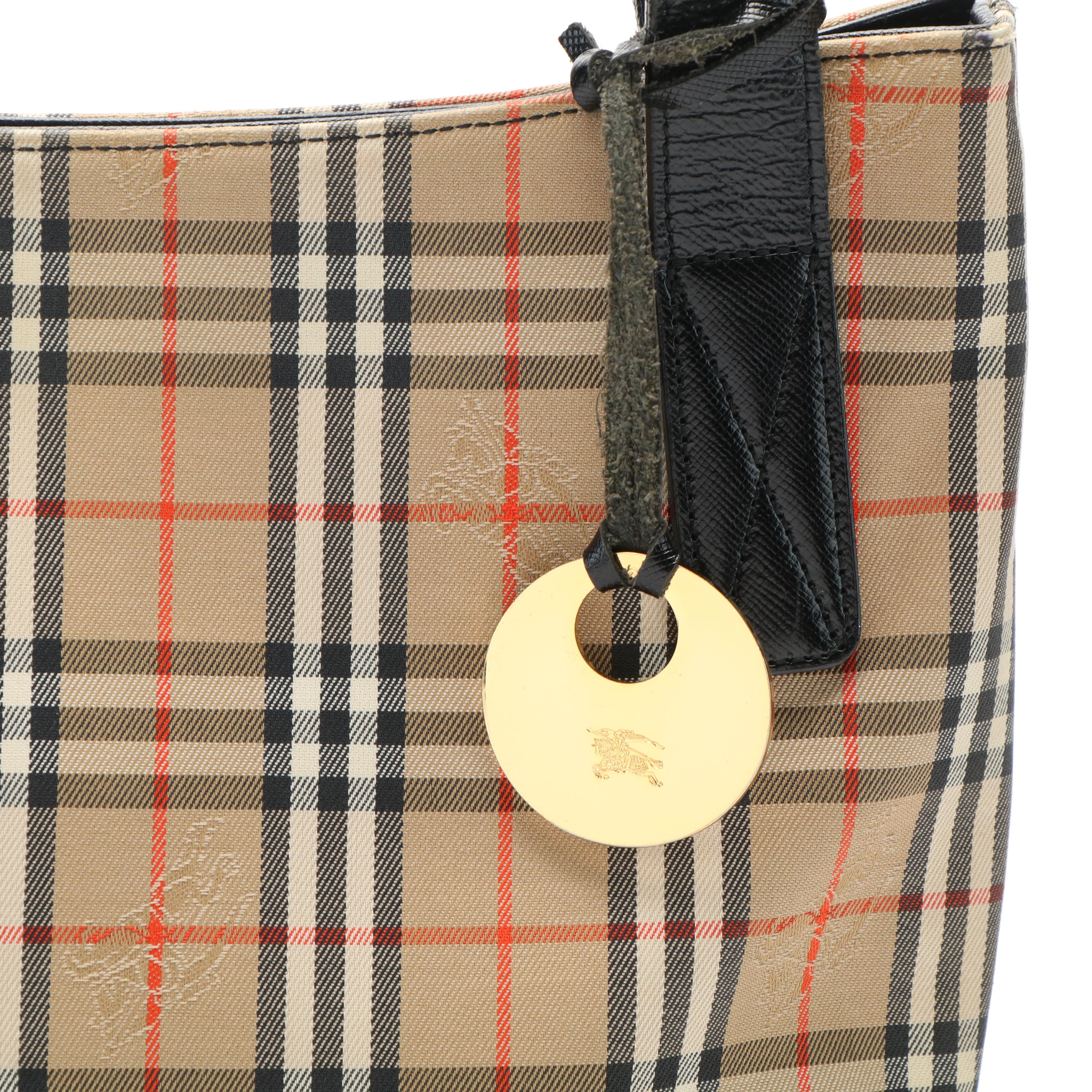 Burberrys Haymarket Check Canvas and Black Leather Tote Bag