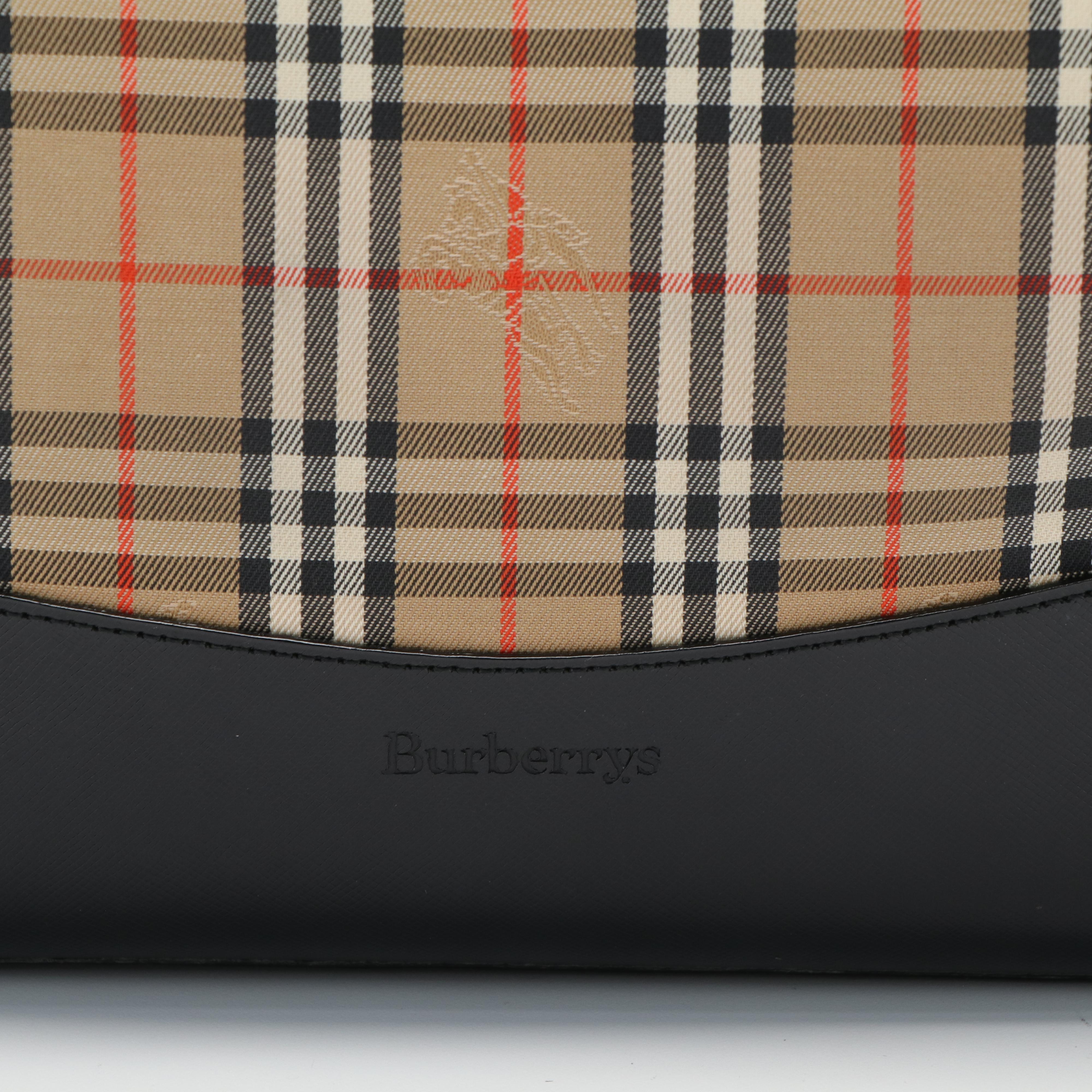 Burberrys Haymarket Check Canvas and Black Leather Tote Bag