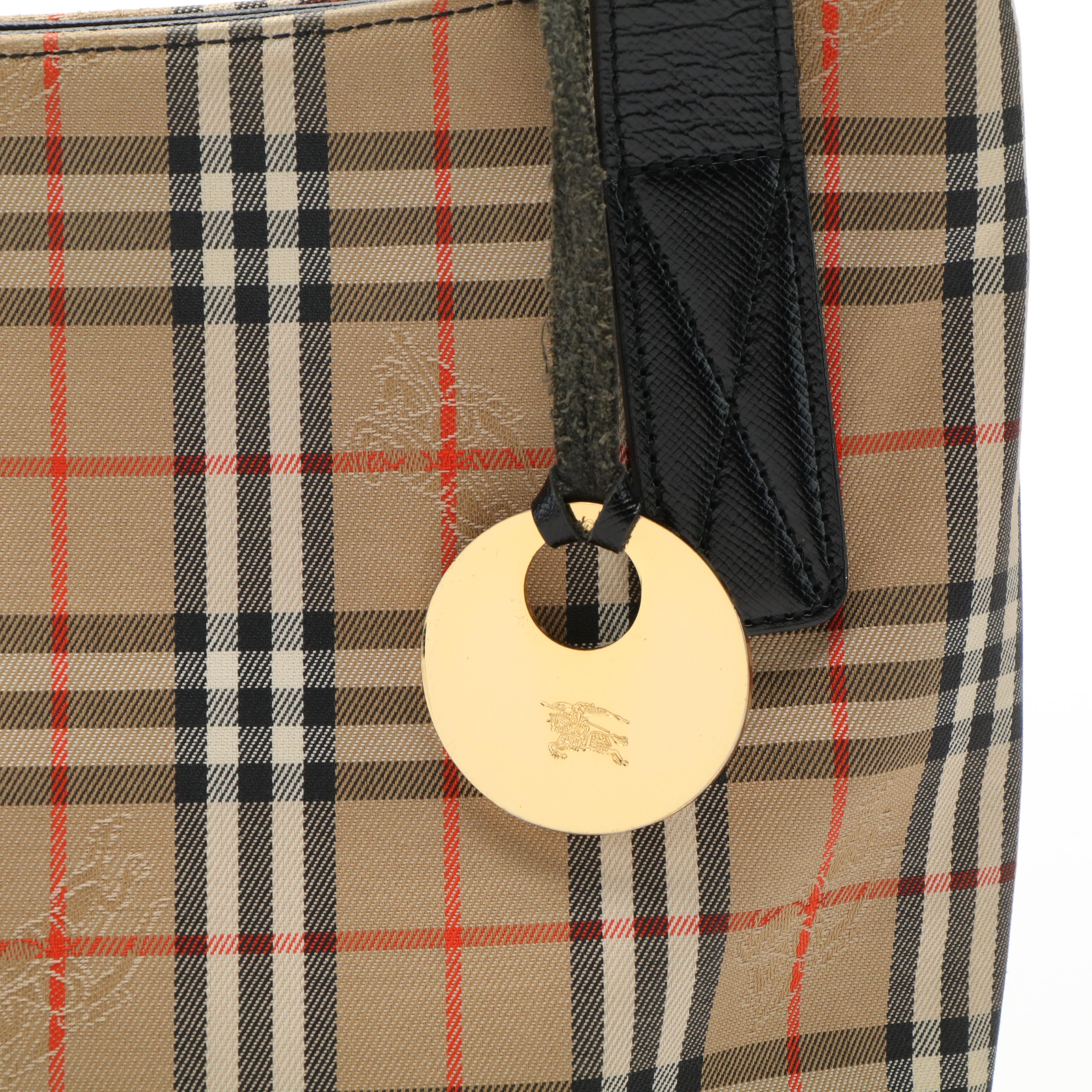 Burberrys Haymarket Check Canvas and Black Leather Tote Bag