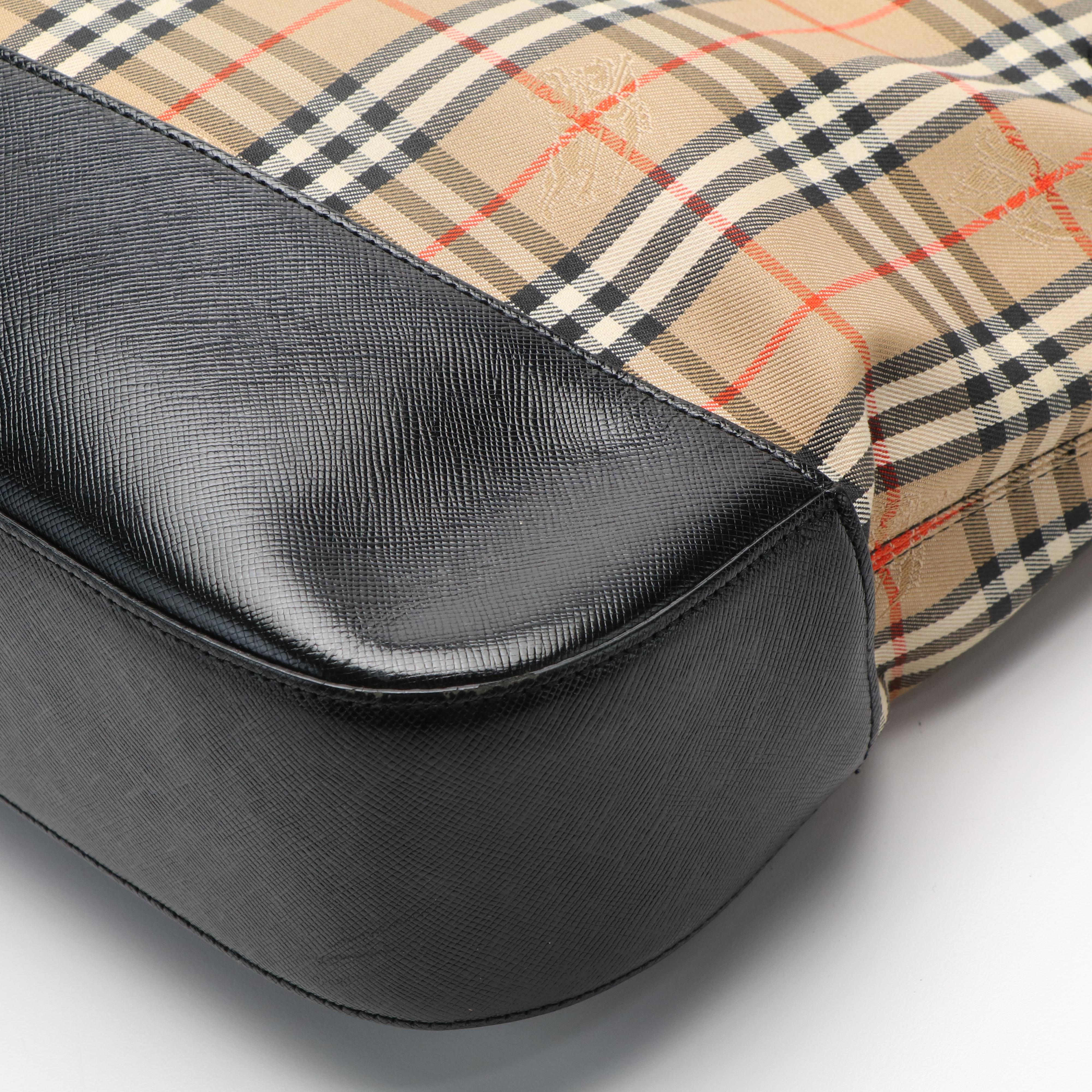 Burberrys Haymarket Check Canvas and Black Leather Tote Bag