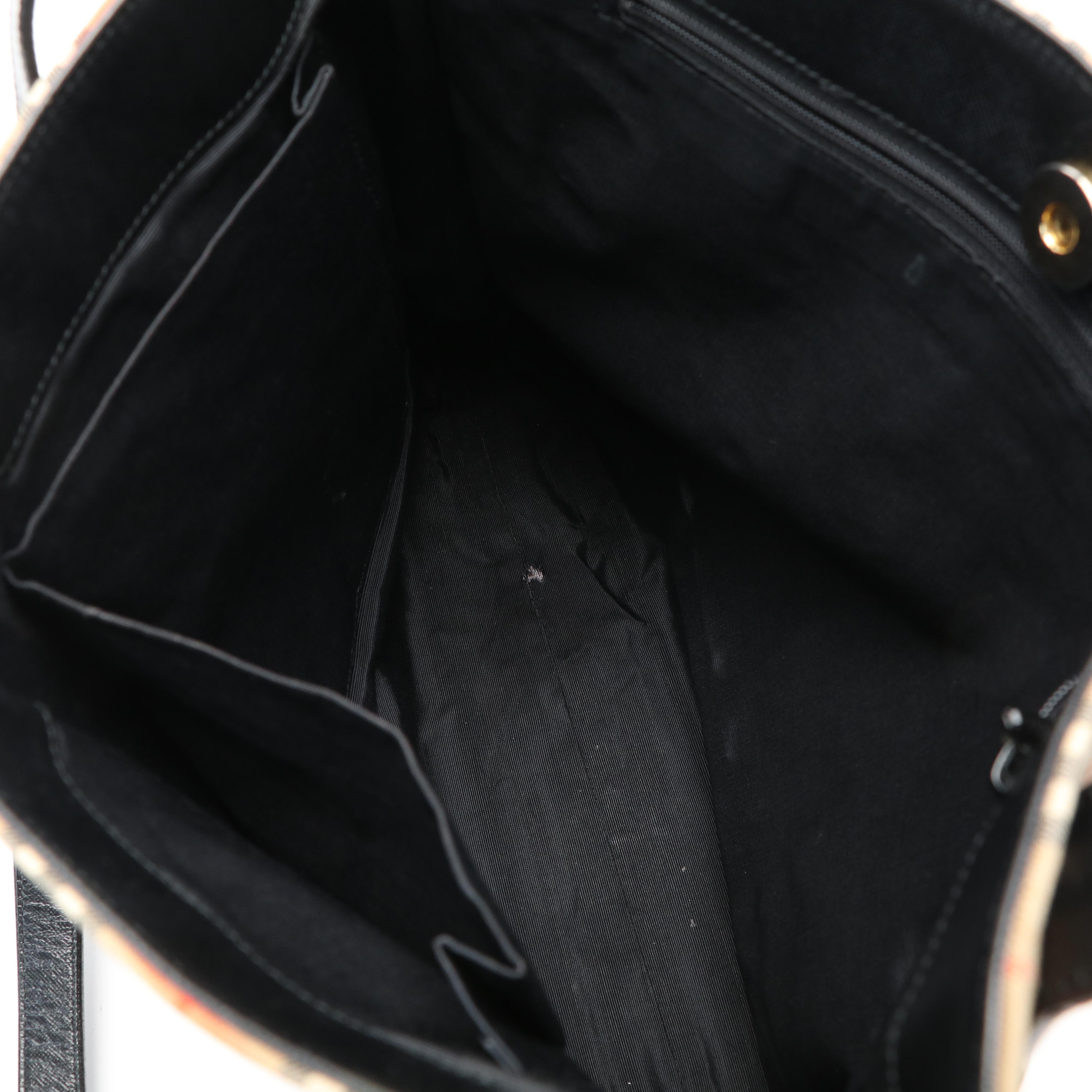 Burberrys Haymarket Check Canvas and Black Leather Tote Bag