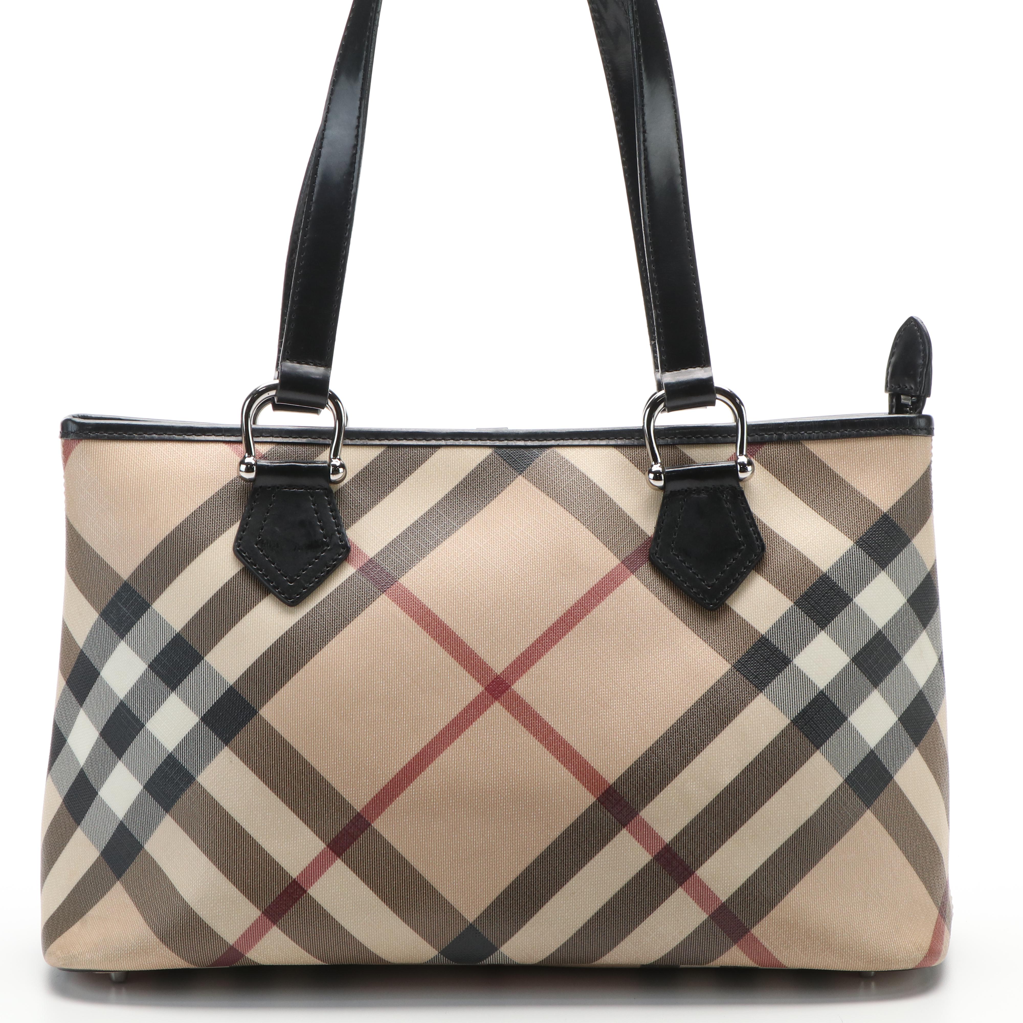 Burberry Regent  Shoulder Bag in Nova Check Coated Canvas  and Patent Leather