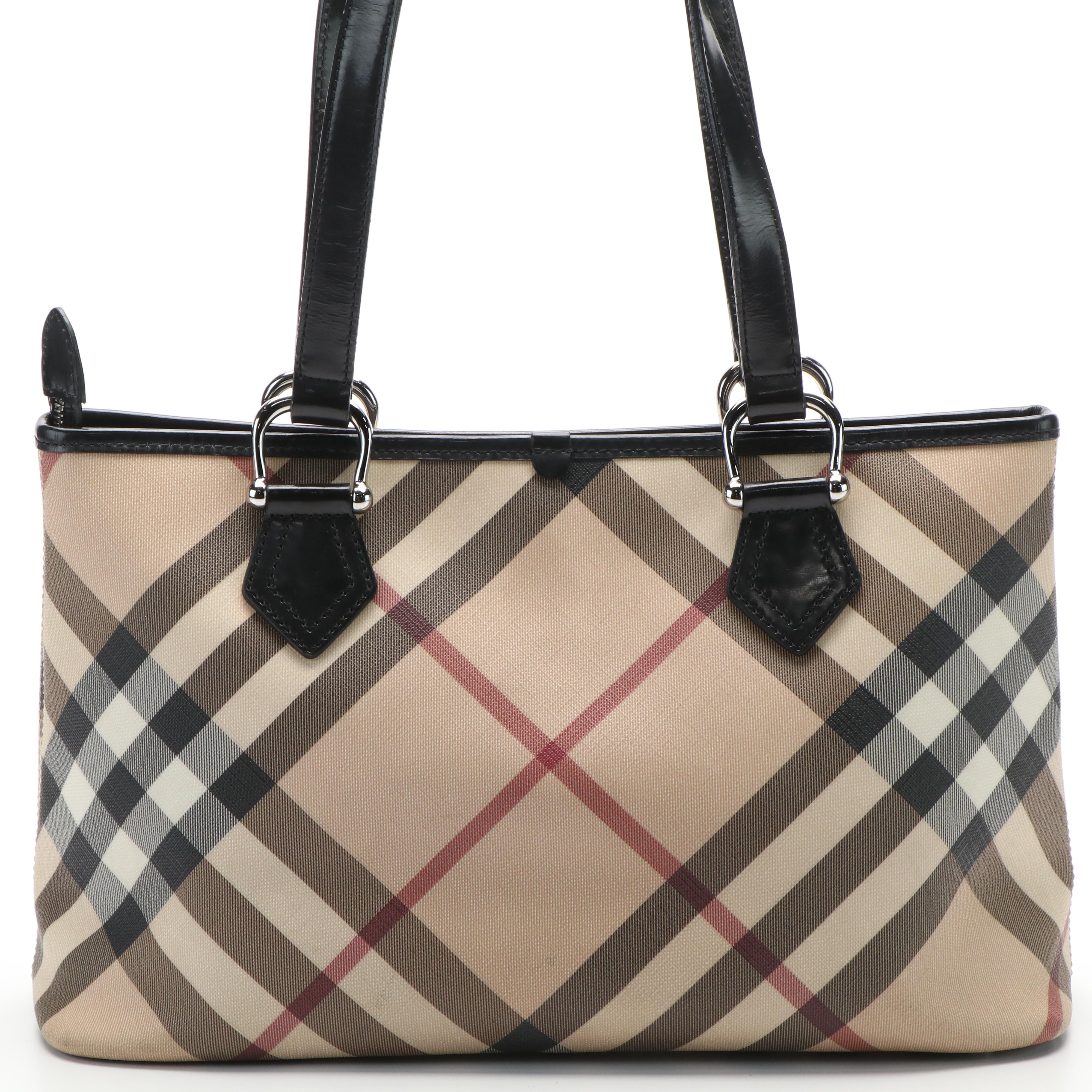 Burberry Regent  Shoulder Bag in Nova Check Coated Canvas  and Patent Leather