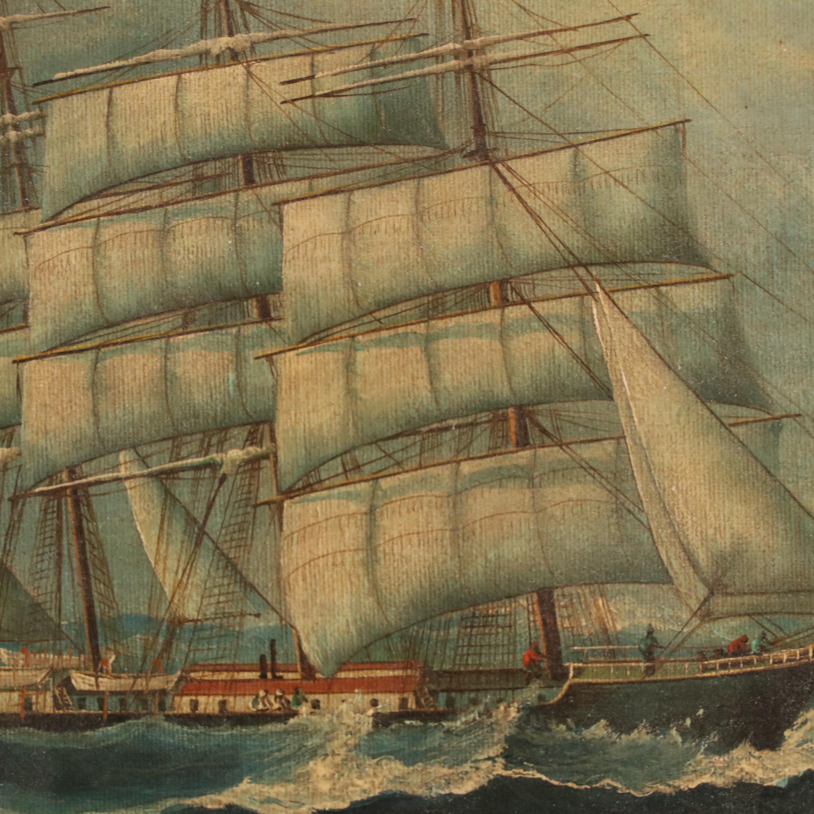 Maritime Oil Painting of Seascape with Ship