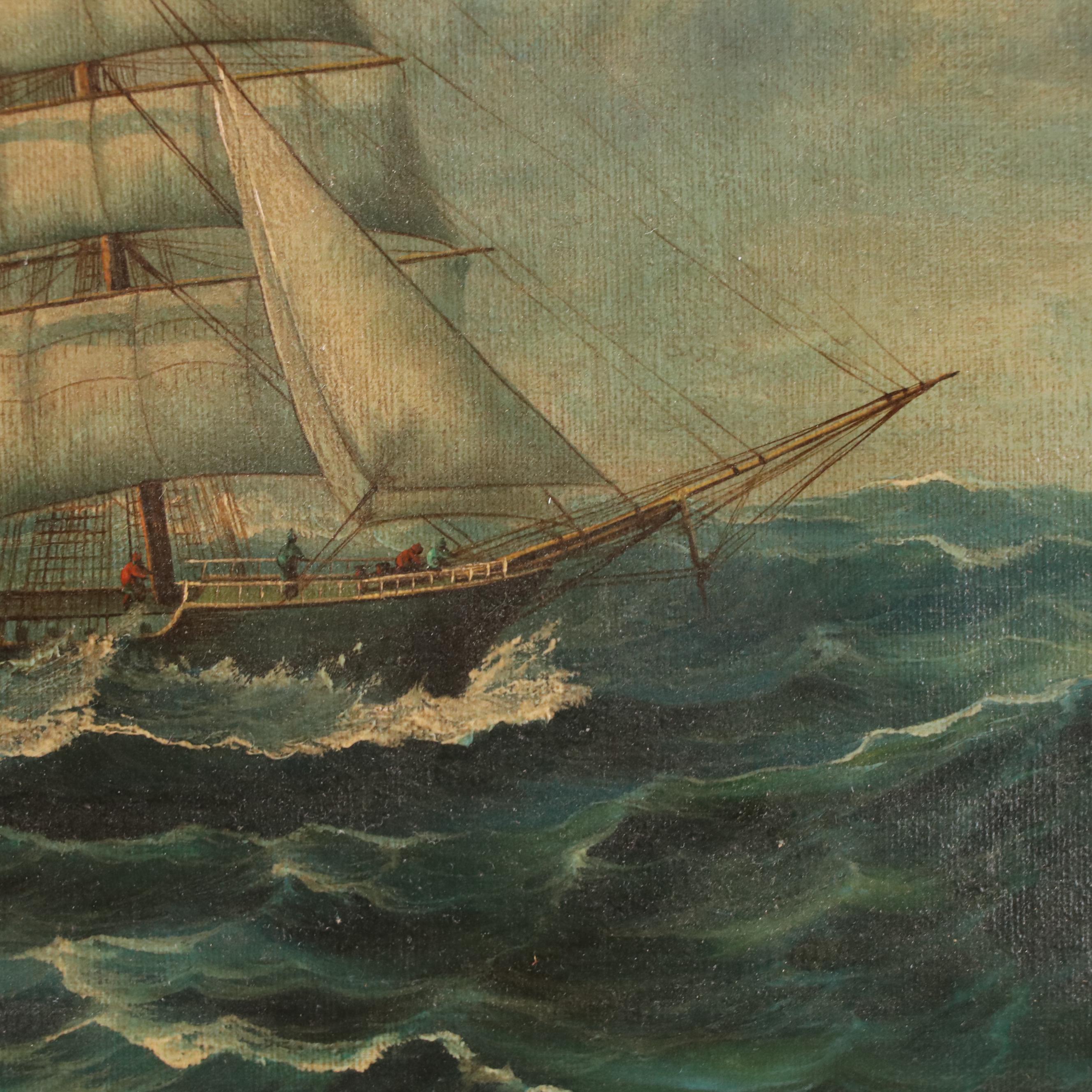 Maritime Oil Painting of Seascape with Ship