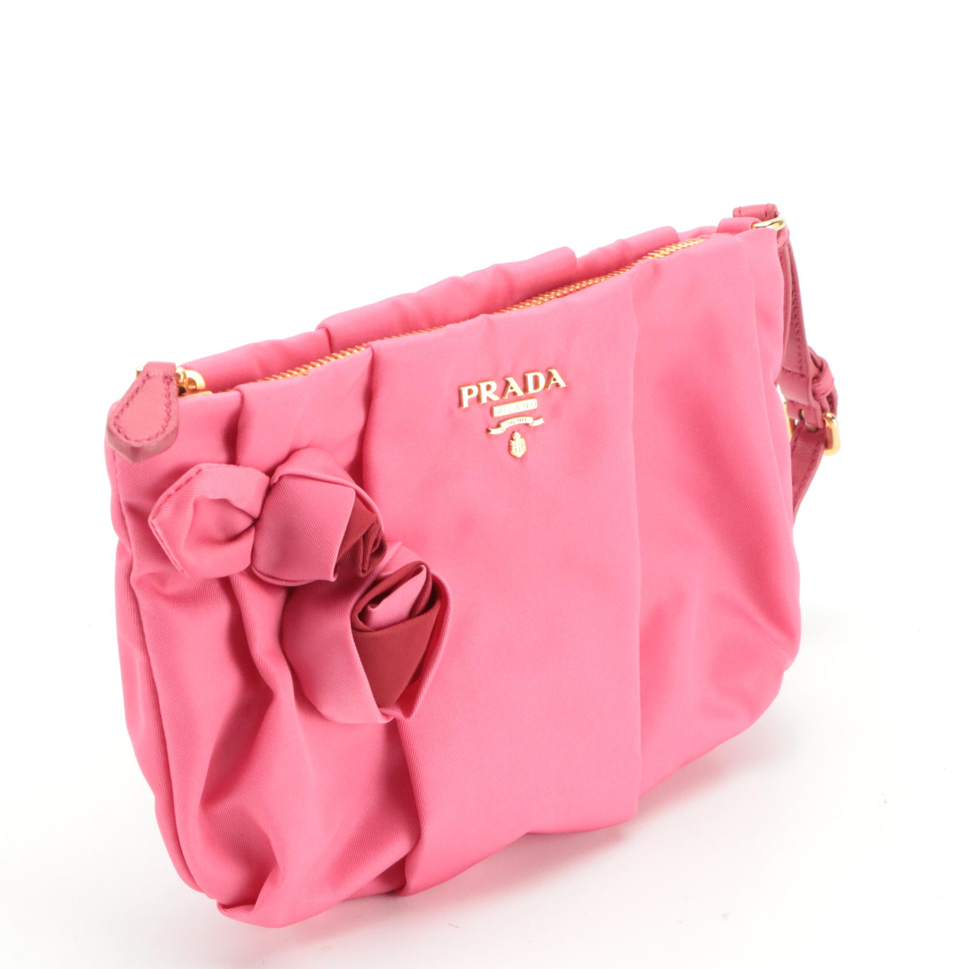 Prada Pleated Satin Rose Wristlet Clutch