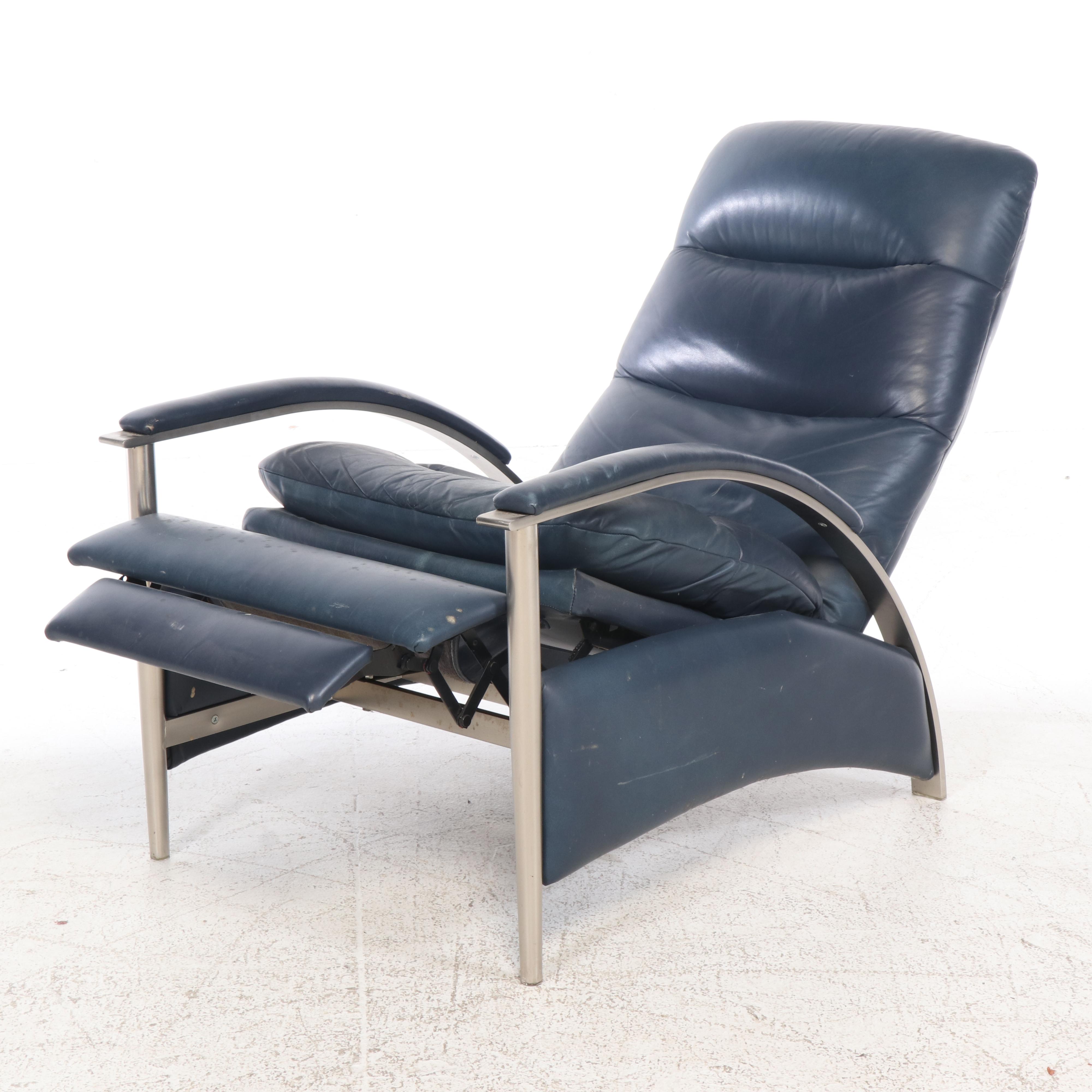 Ethan Allen Modernist Brushed Metal and Blue Leather Recliner, Late ...