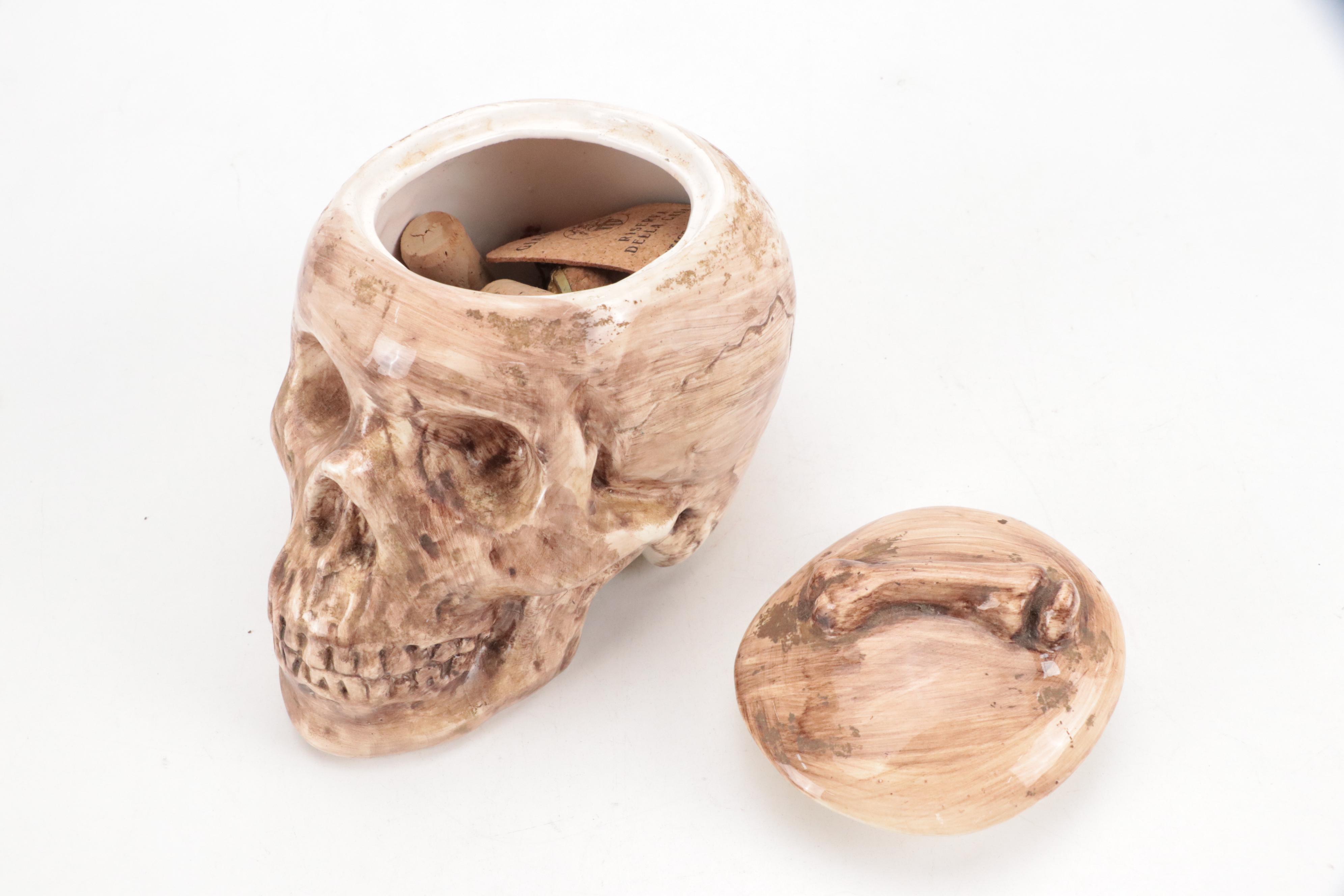 Dee Bee Co. Ceramic Skull Lidded Vessel and Other Troll Statue