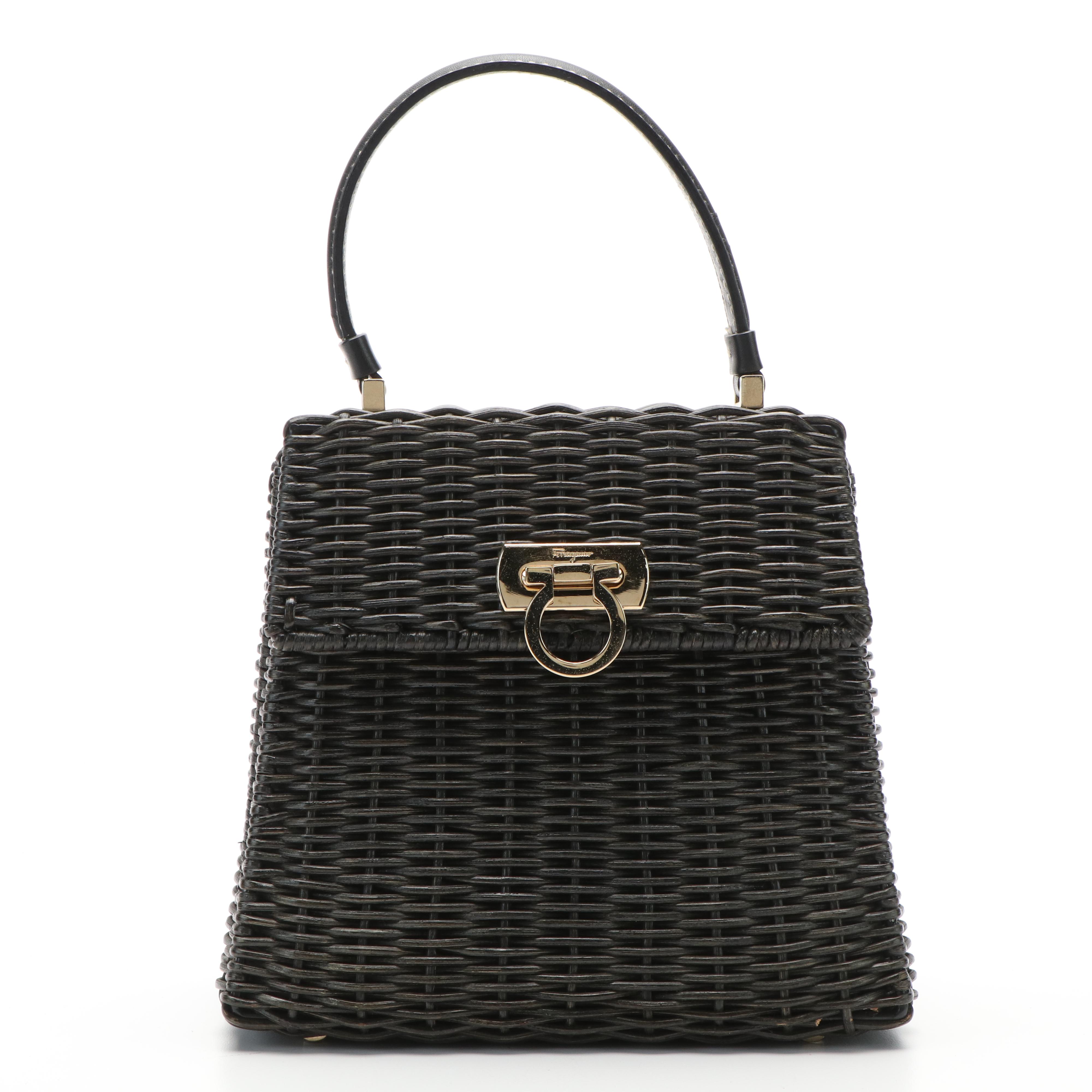 Salvatore Ferragamo Top Handle Gancini Black Wicker Kelly Bag