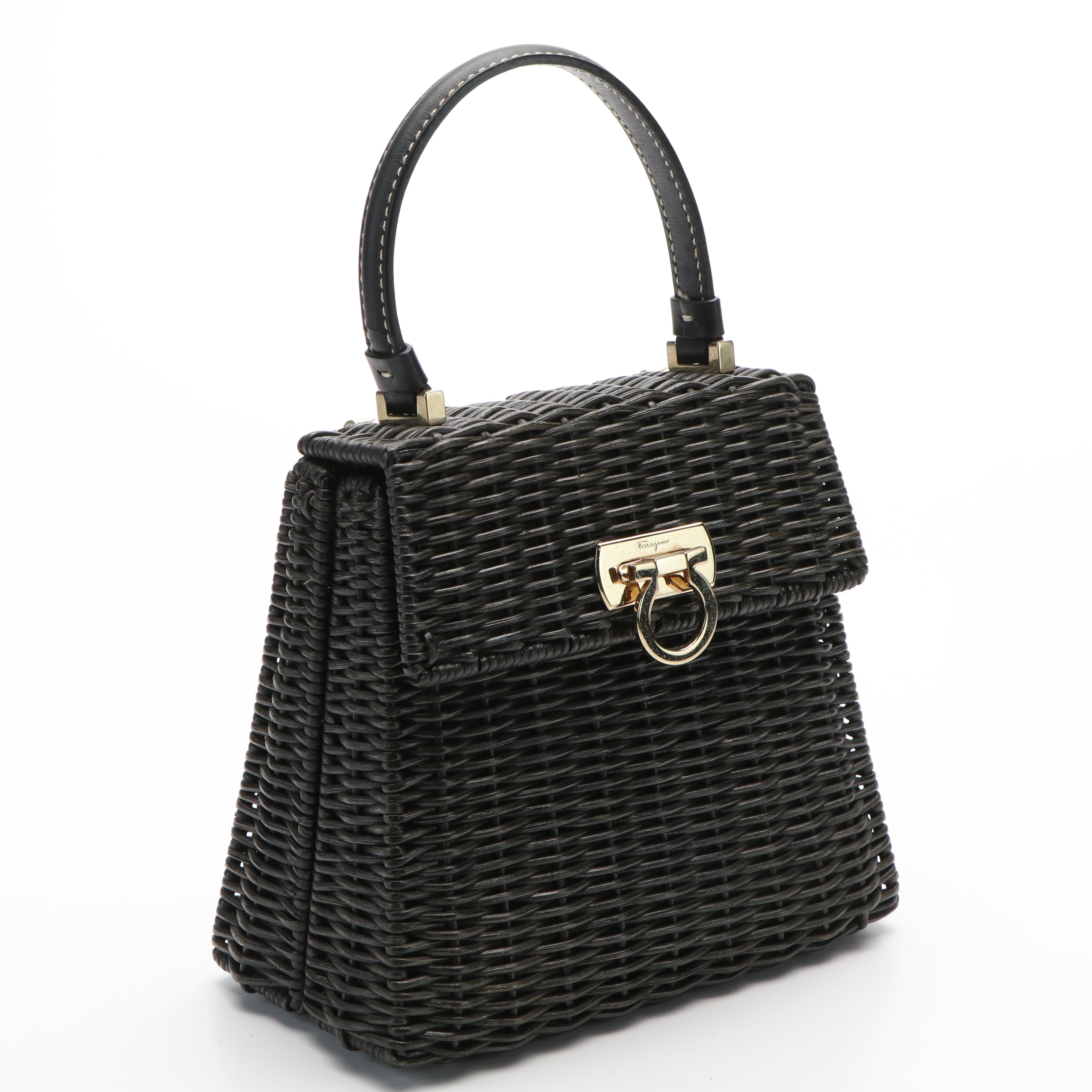 Salvatore Ferragamo Top Handle Gancini Black Wicker Kelly Bag