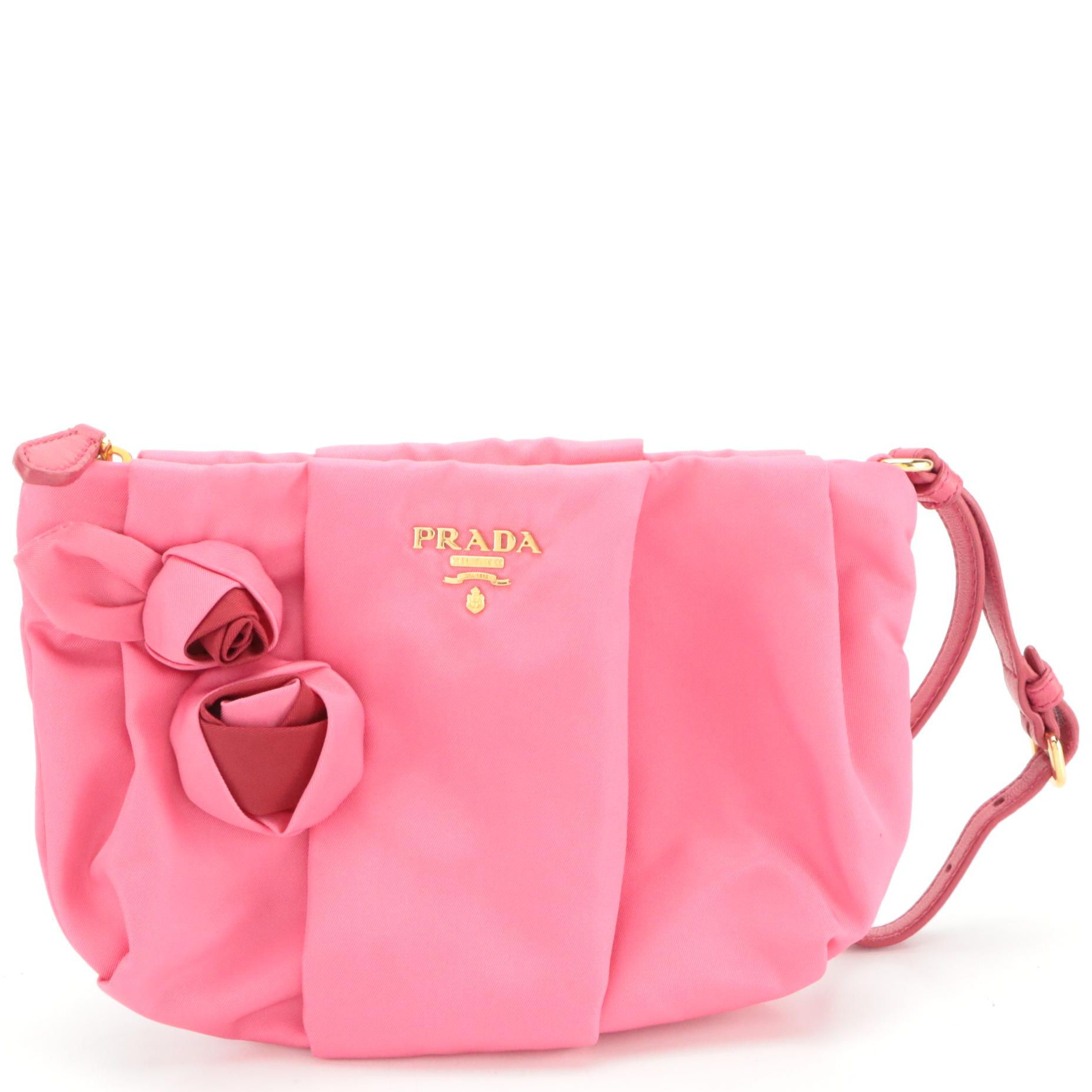 Prada Pleated Satin Rose Wristlet Clutch