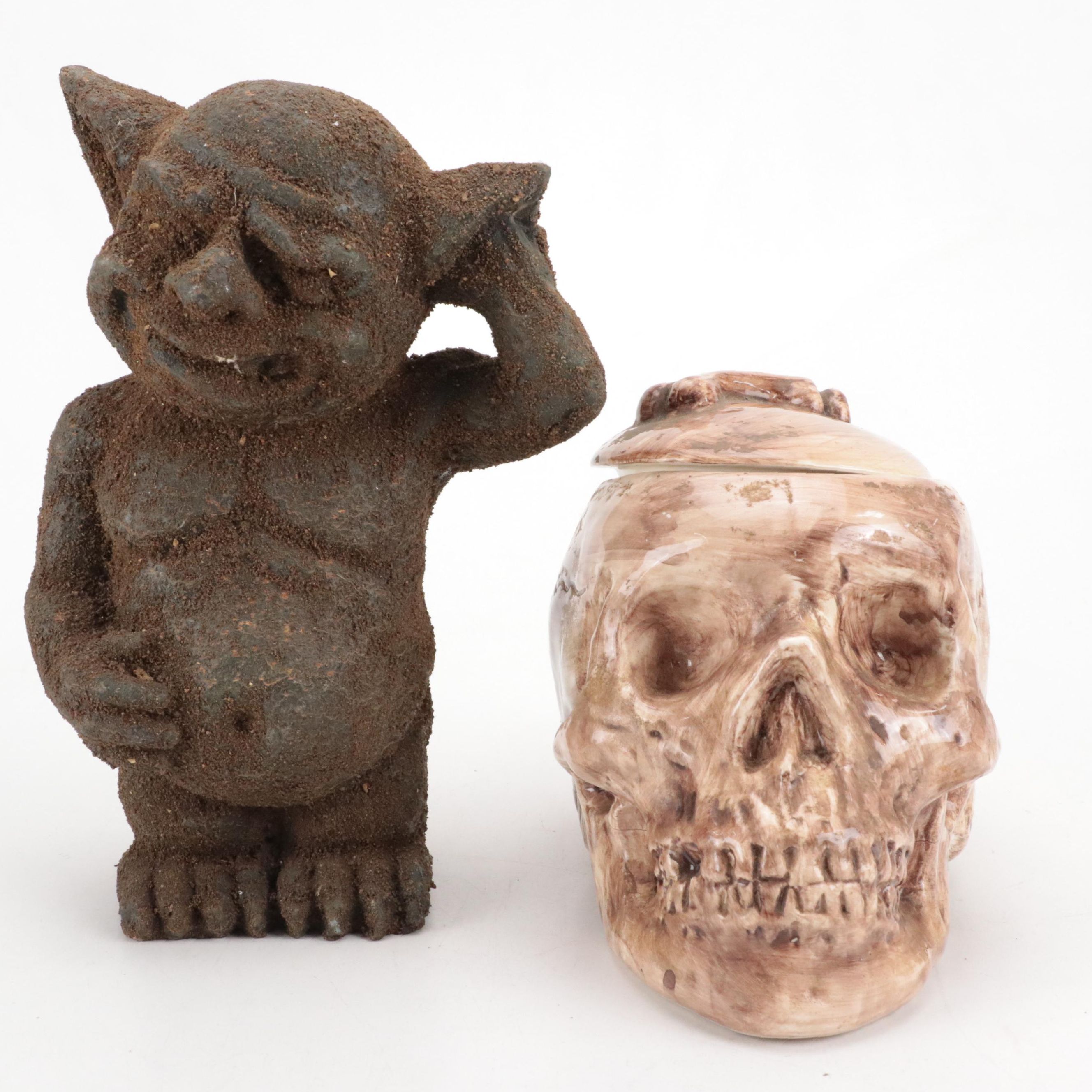 Dee Bee Co. Ceramic Skull Lidded Vessel and Other Troll Statue