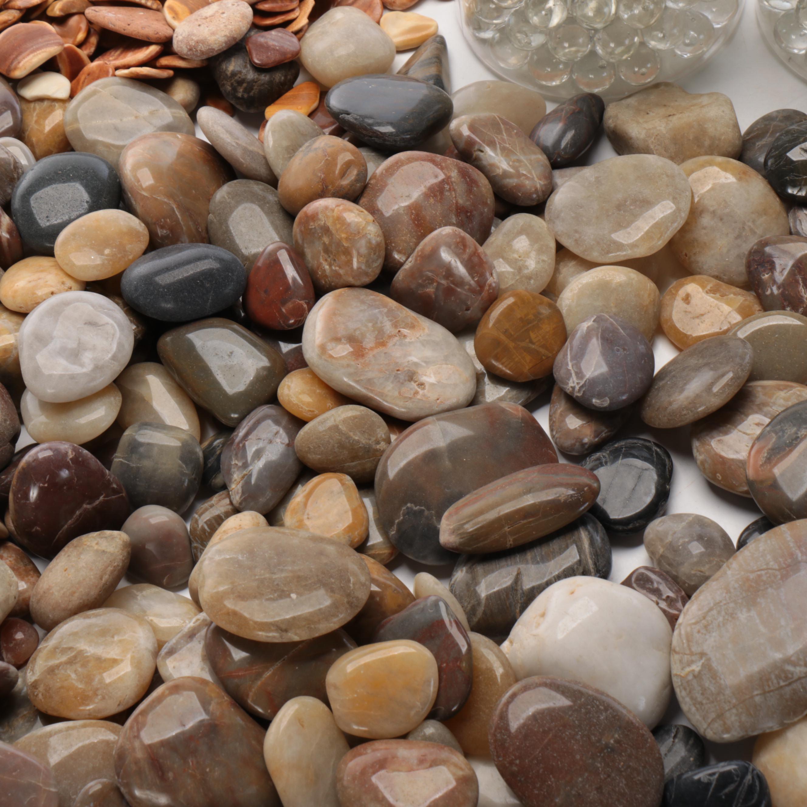 Tumbled and Polished Rocks and Gemstones With Seashells, Glass Pebbles