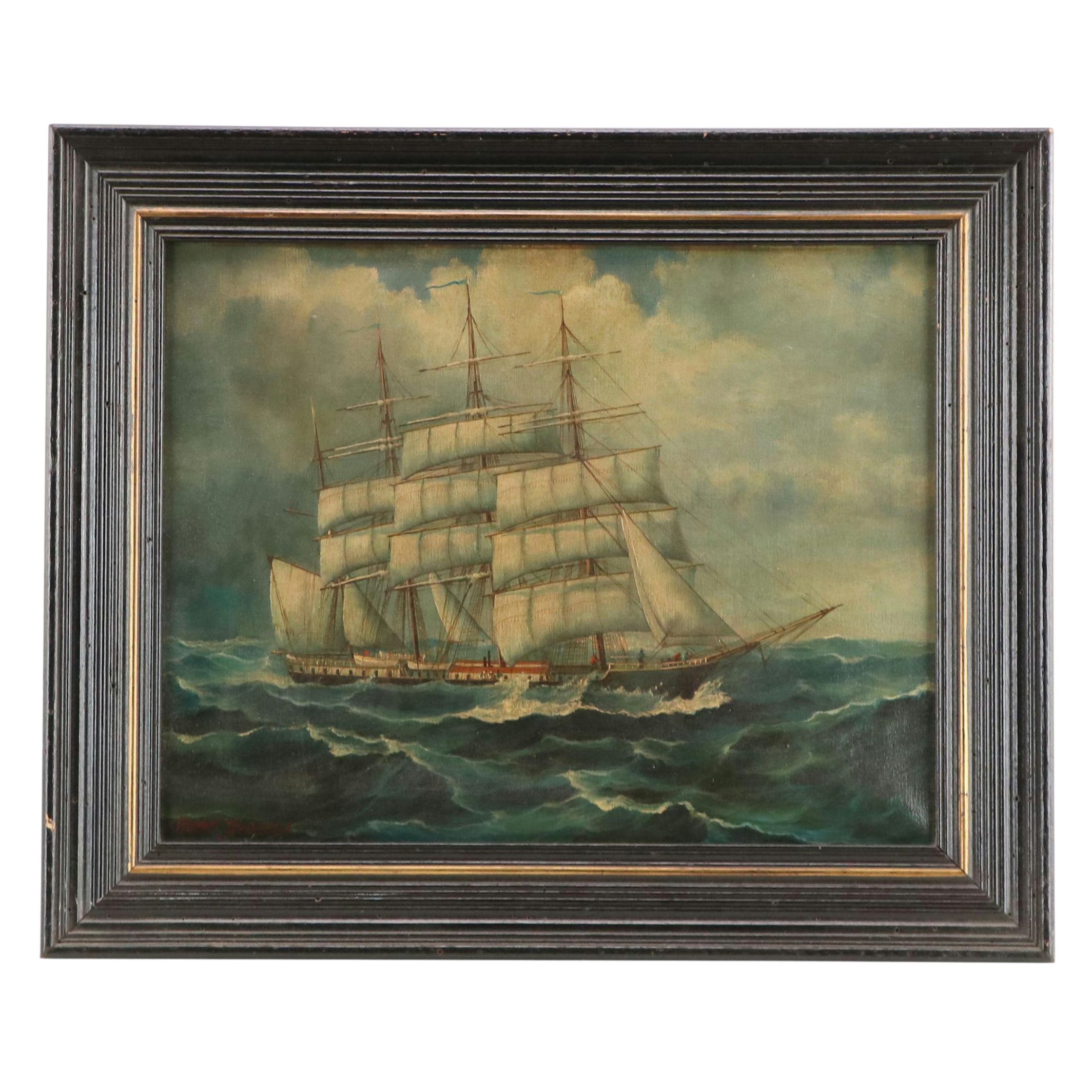 Maritime Oil Painting of Seascape with Ship