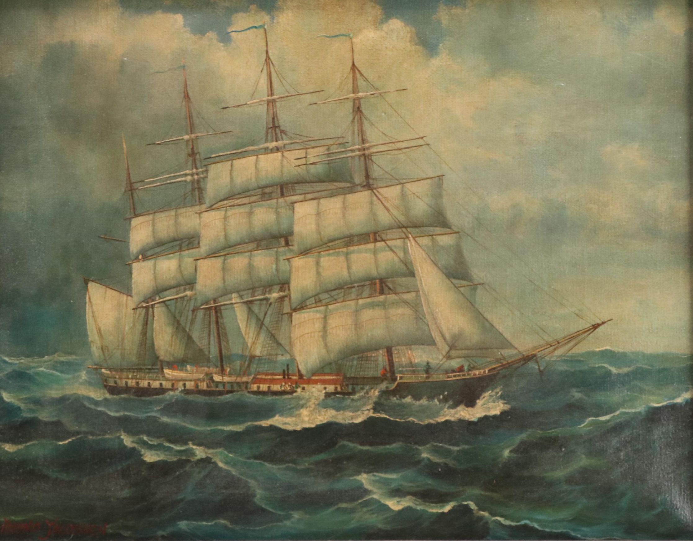 Maritime Oil Painting of Seascape with Ship