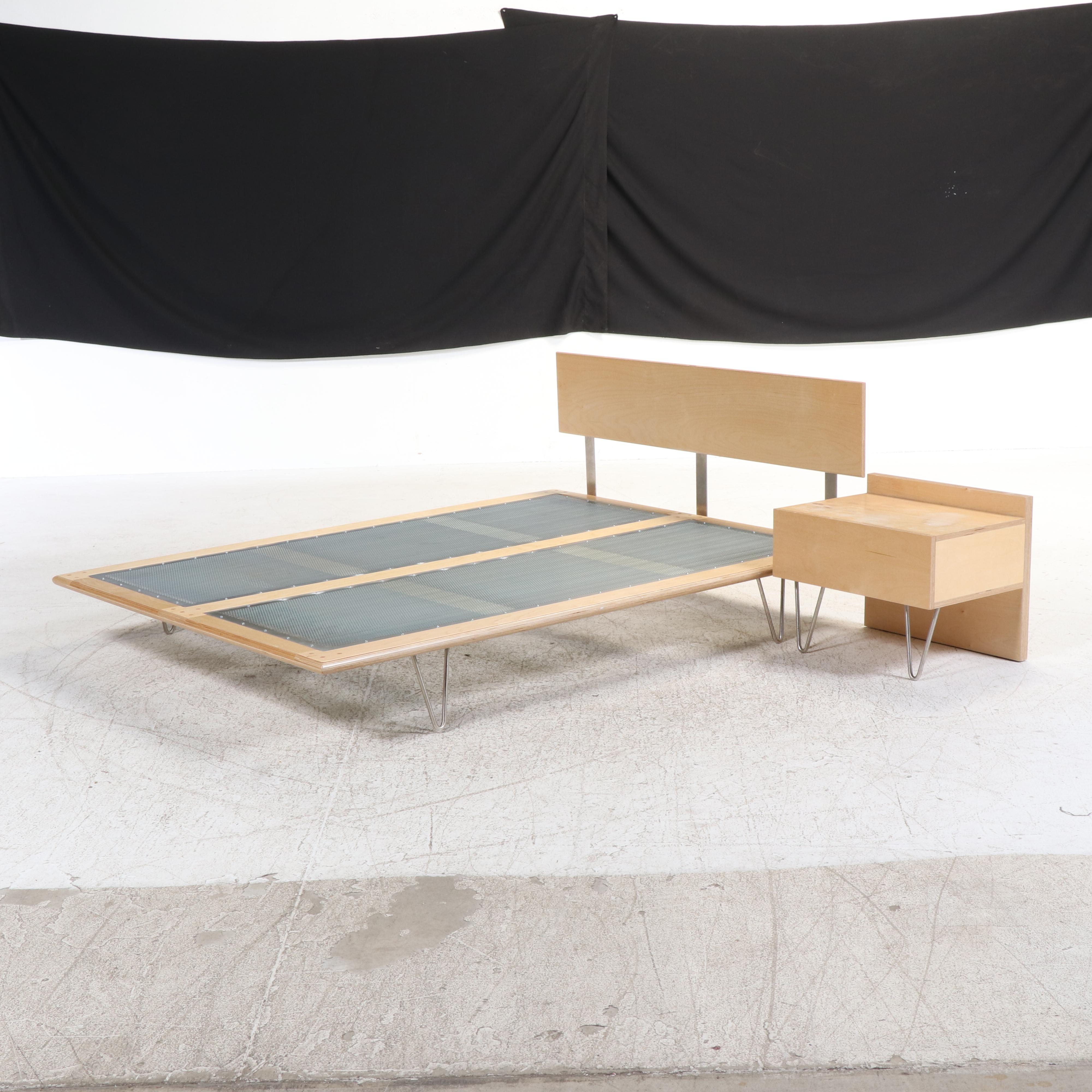 Modernist Blonde Wood and Hairpin Leg Queen Size Bed and Nightstand