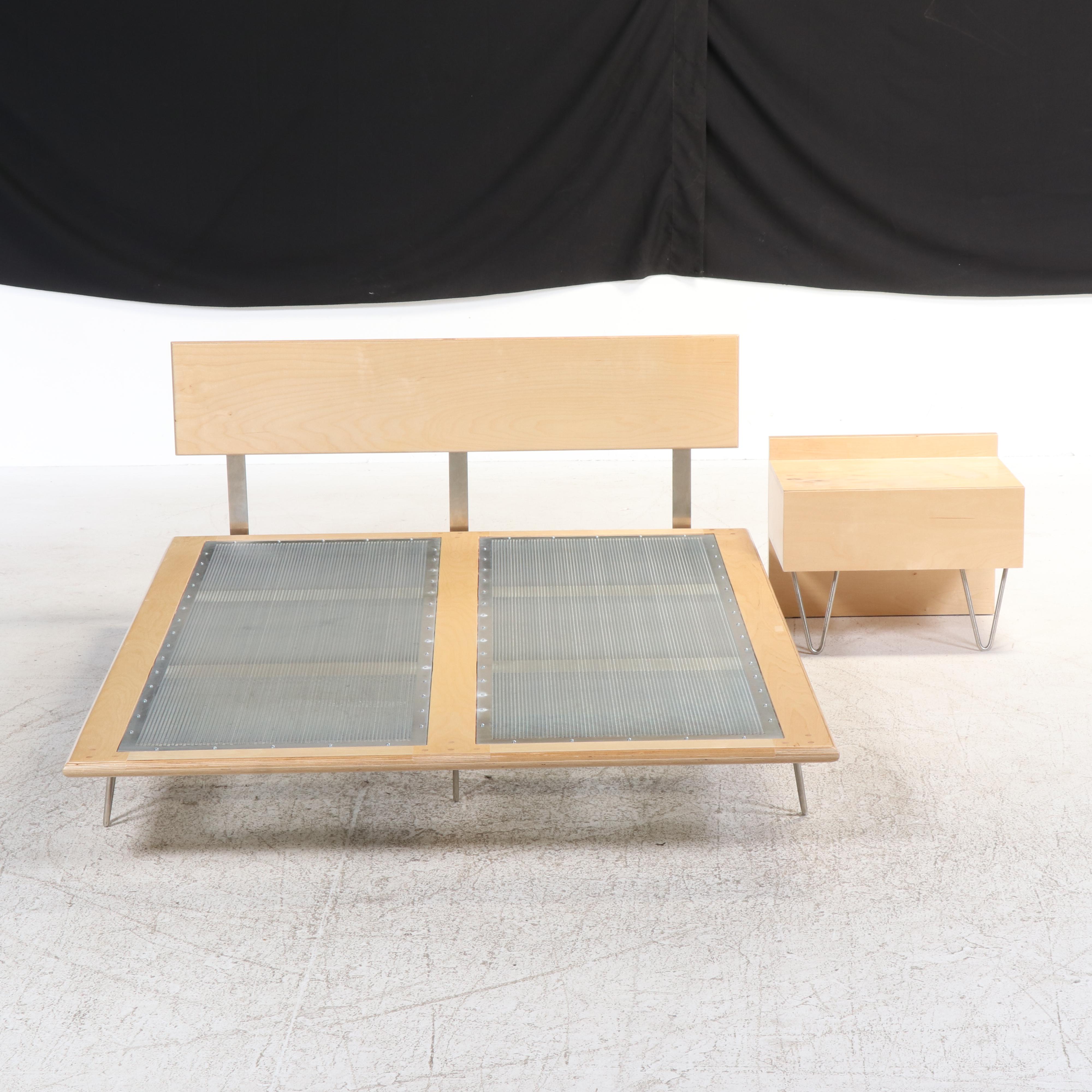 Modernist Blonde Wood and Hairpin Leg Queen Size Bed and Nightstand