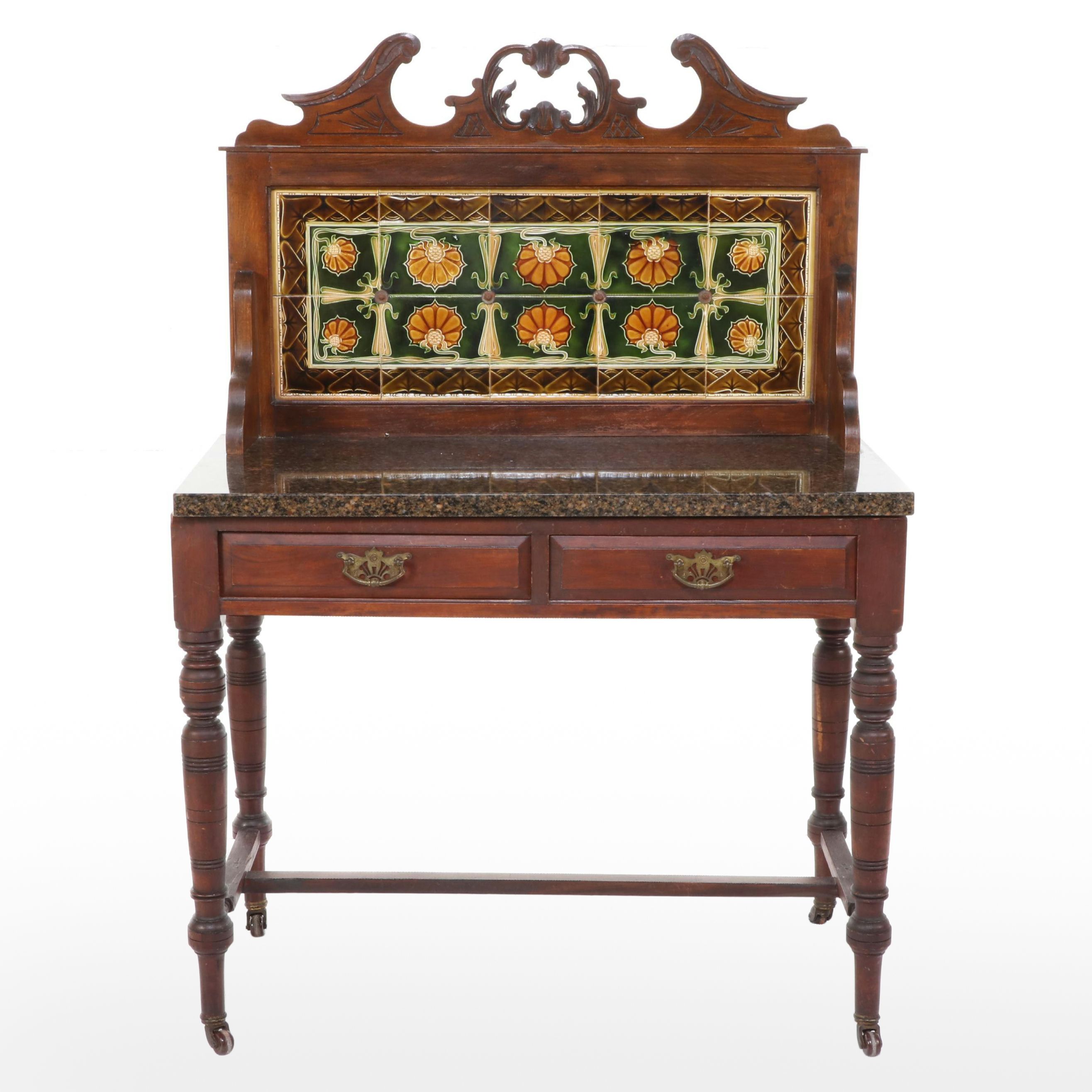 English Victorian Style Mahogany Washstand with Marble Top and Tile Backsplash