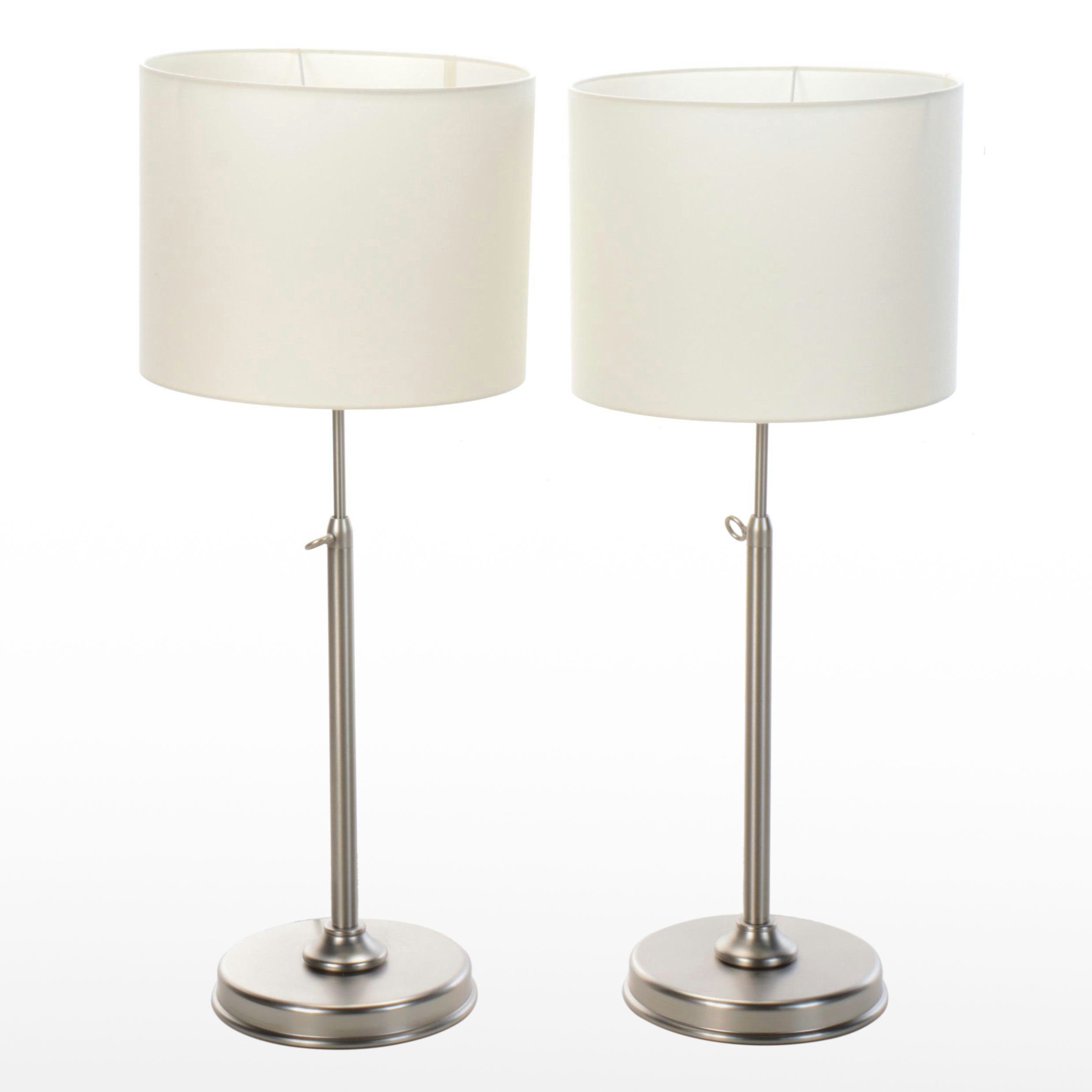 IKEA Brushed Nickle Adjustable Table Lamps with Cotton Drum Shades