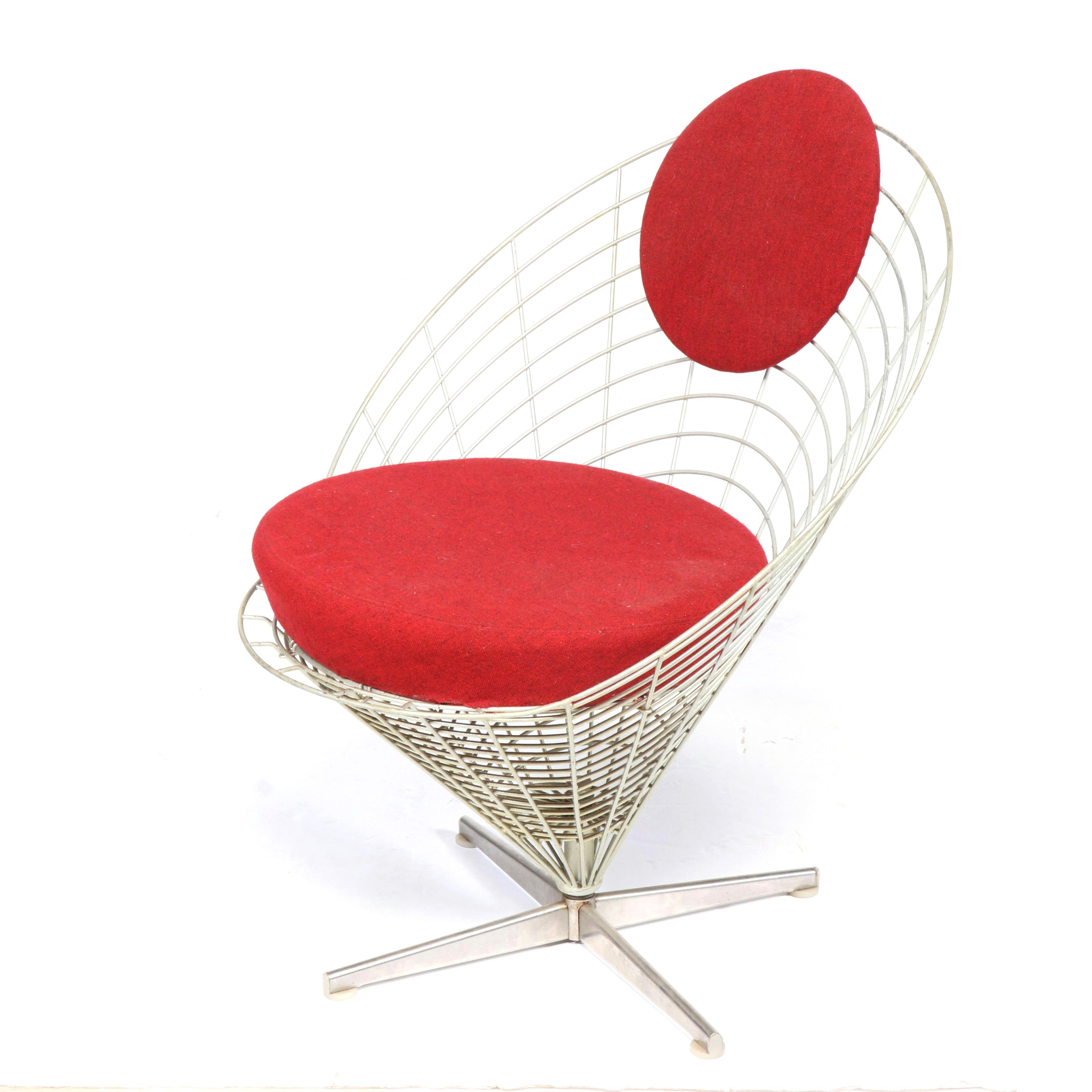 Verner Panton for Plus-Linje Wire Cone Chair with Red Cushions, circa 1960