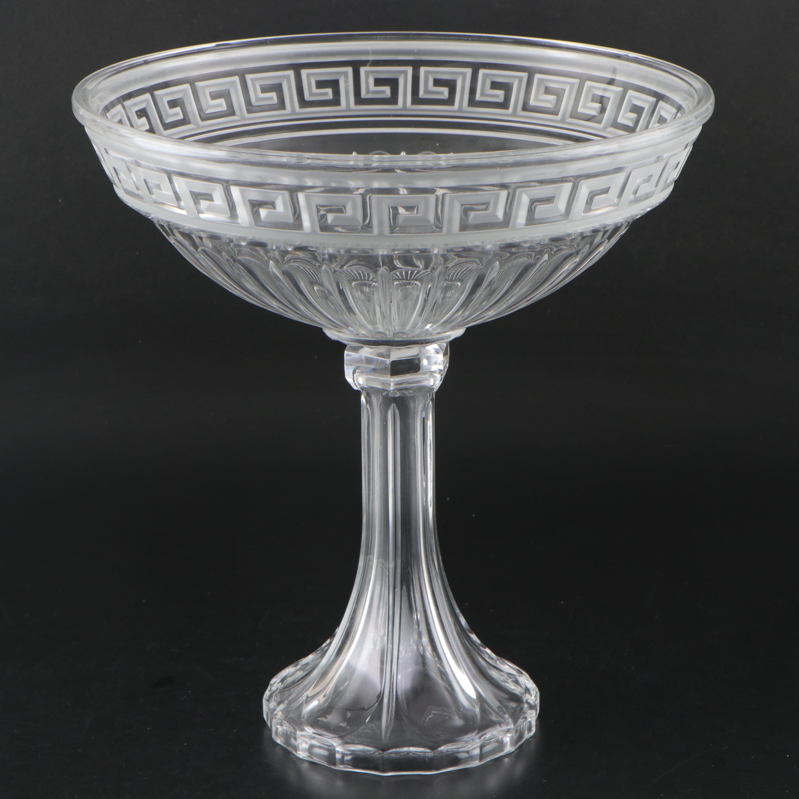 Greek Key Pattern Pressed Glass Compote with Mirrored Plateau