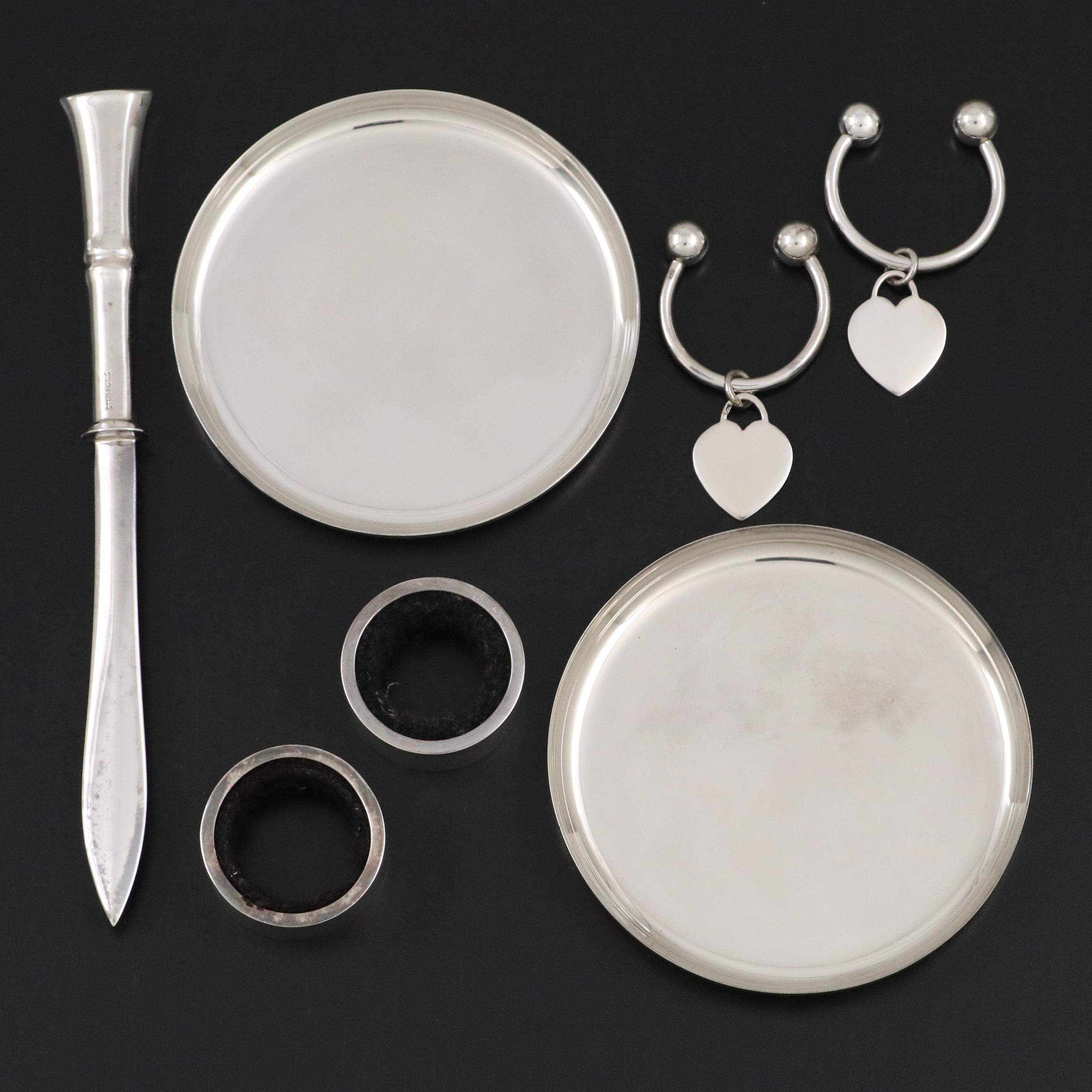 Sterling Silver Letter Opener, Trays, Hoop Key Rings and Wine Bottle Collars