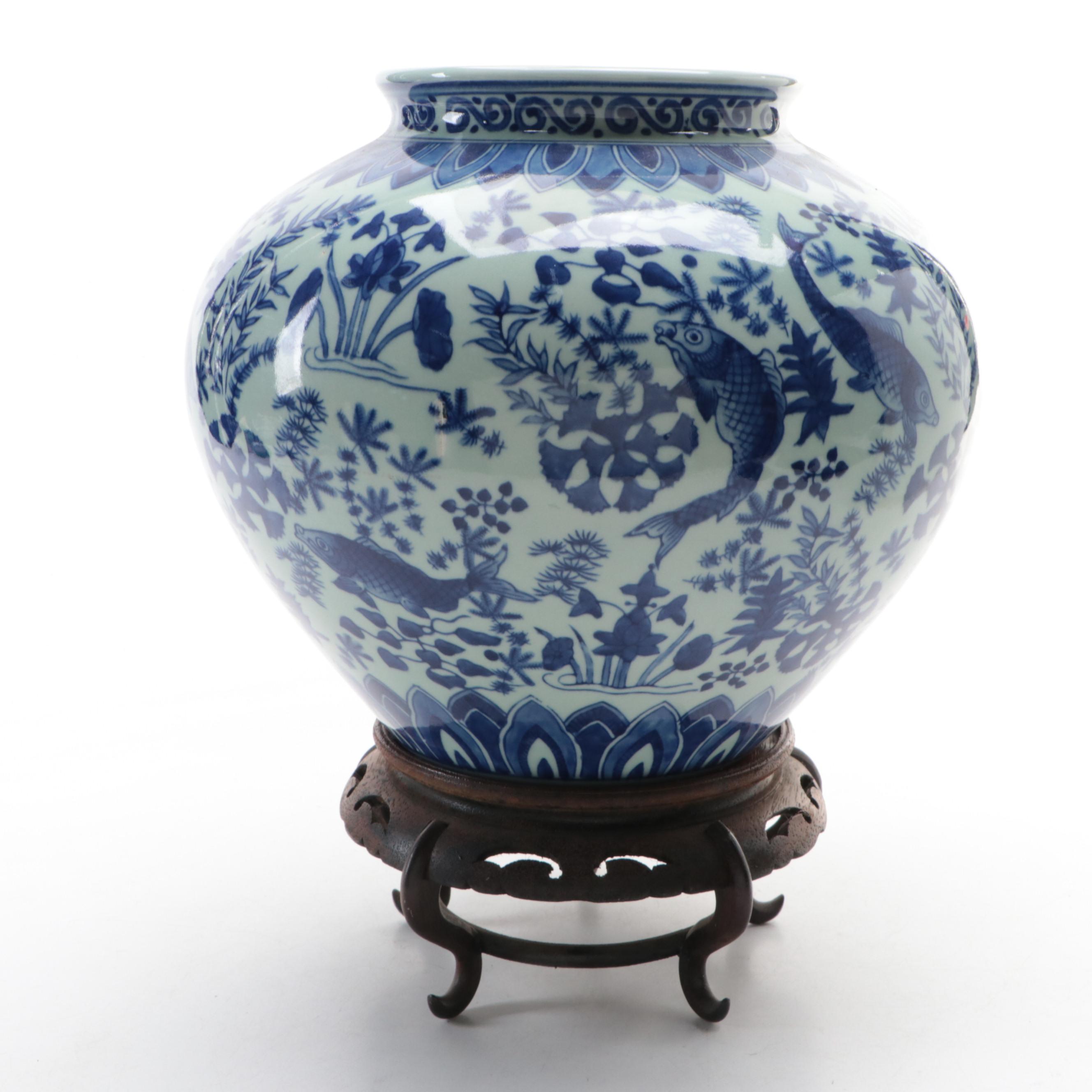Fish Motif Ceramic Vase with Finished Wood Stand