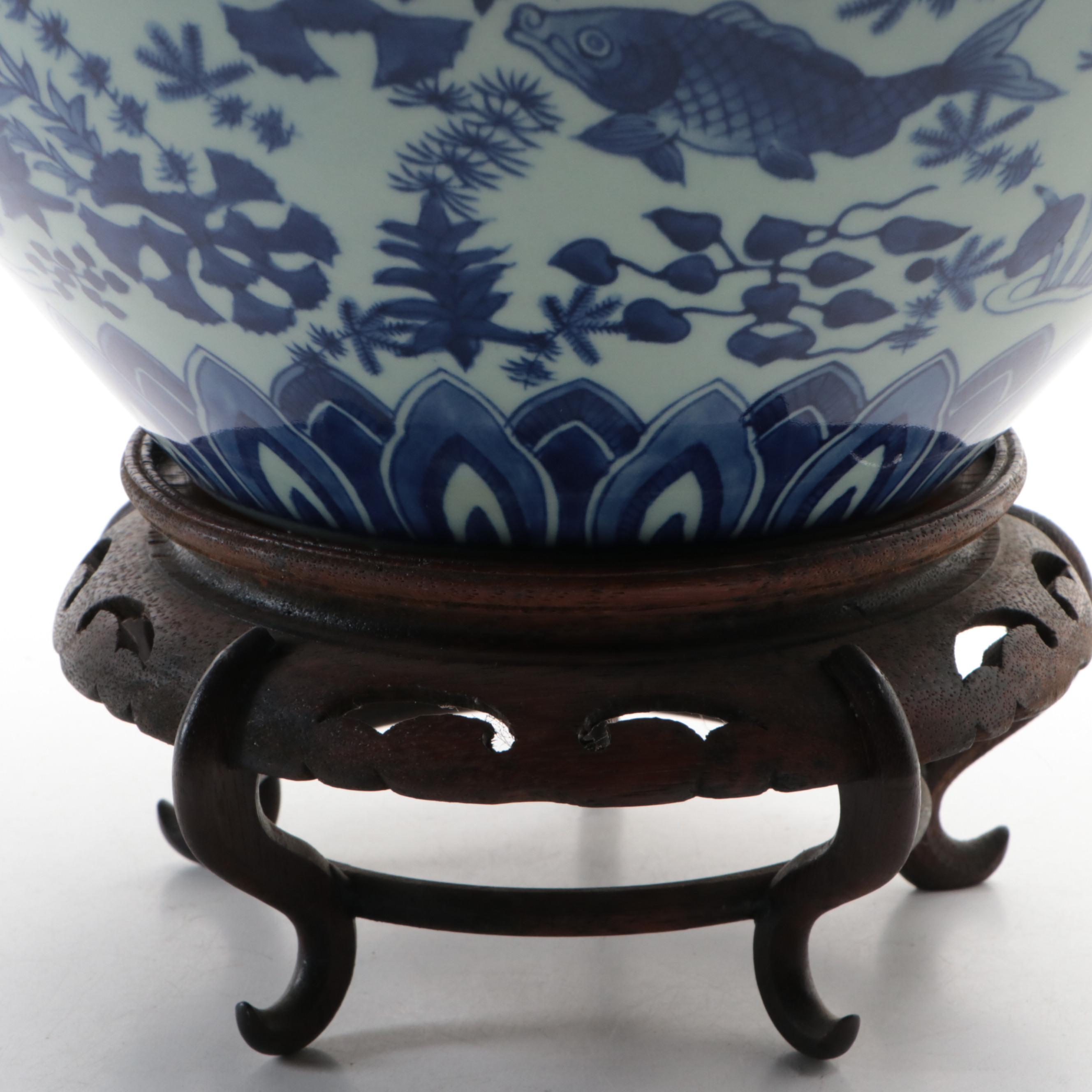 Fish Motif Ceramic Vase with Finished Wood Stand