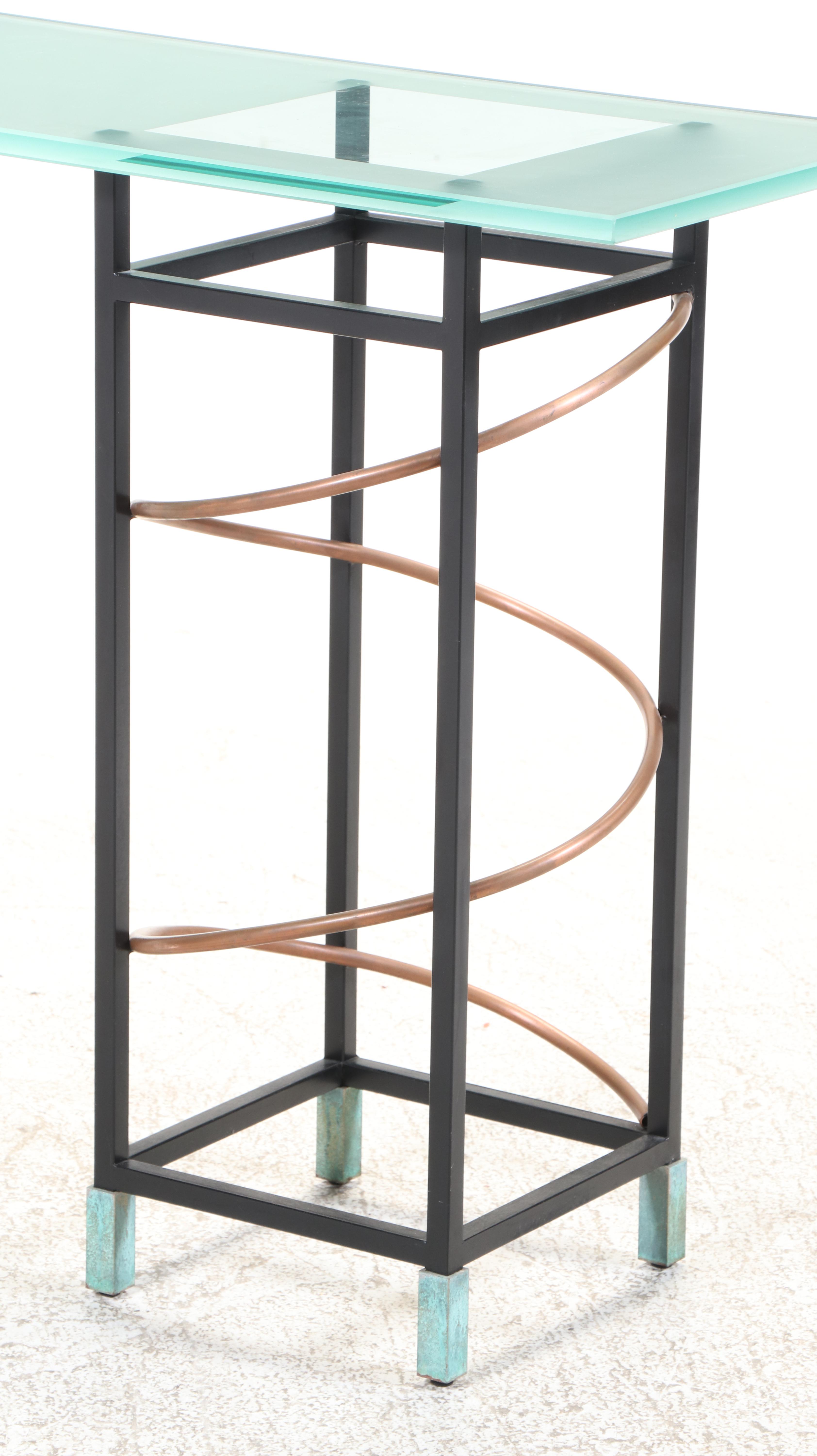 Postmodernist Powder-Coated Metal, Copper, and Frosted Glass Console Table