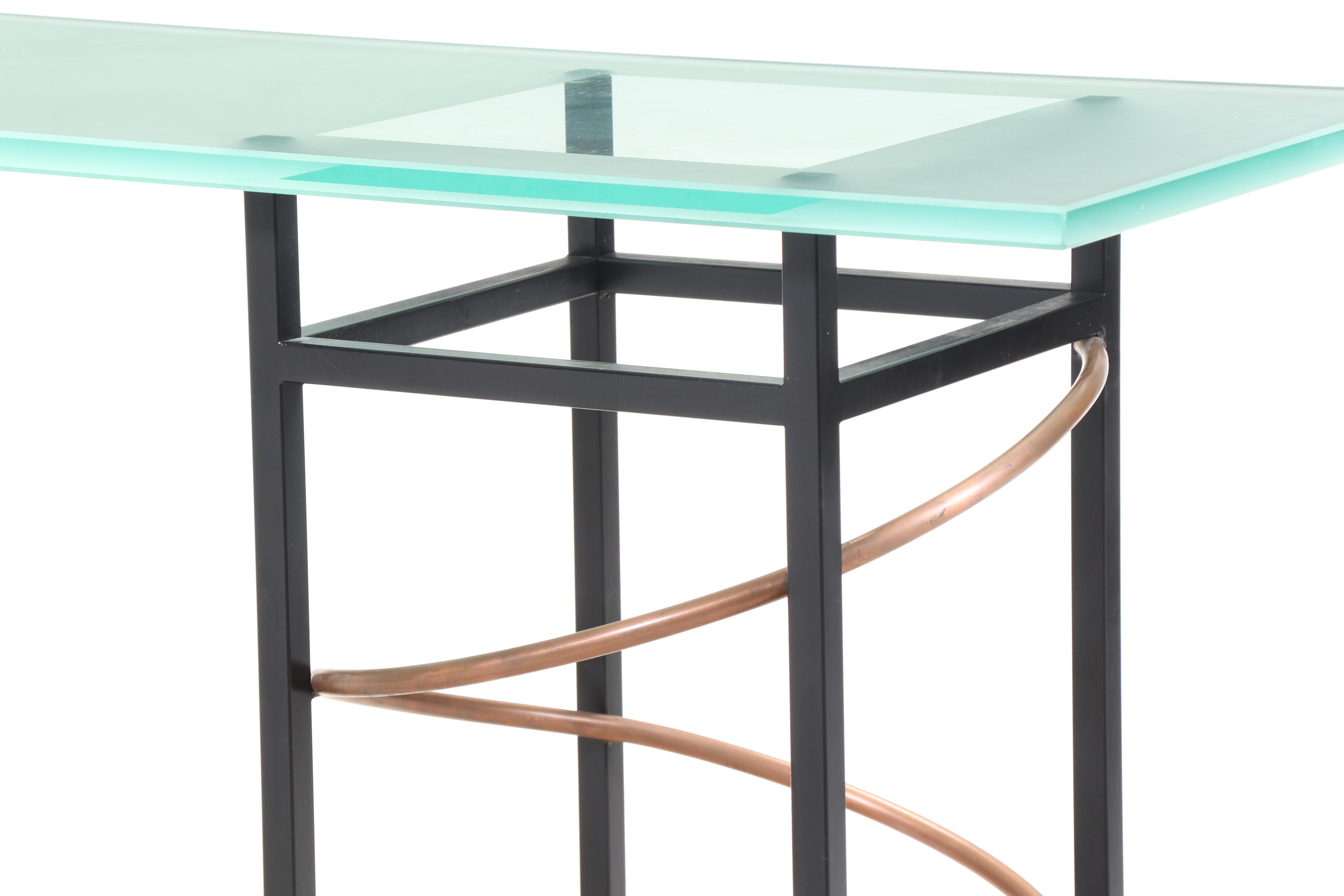 Postmodernist Powder-Coated Metal, Copper, and Frosted Glass Console Table
