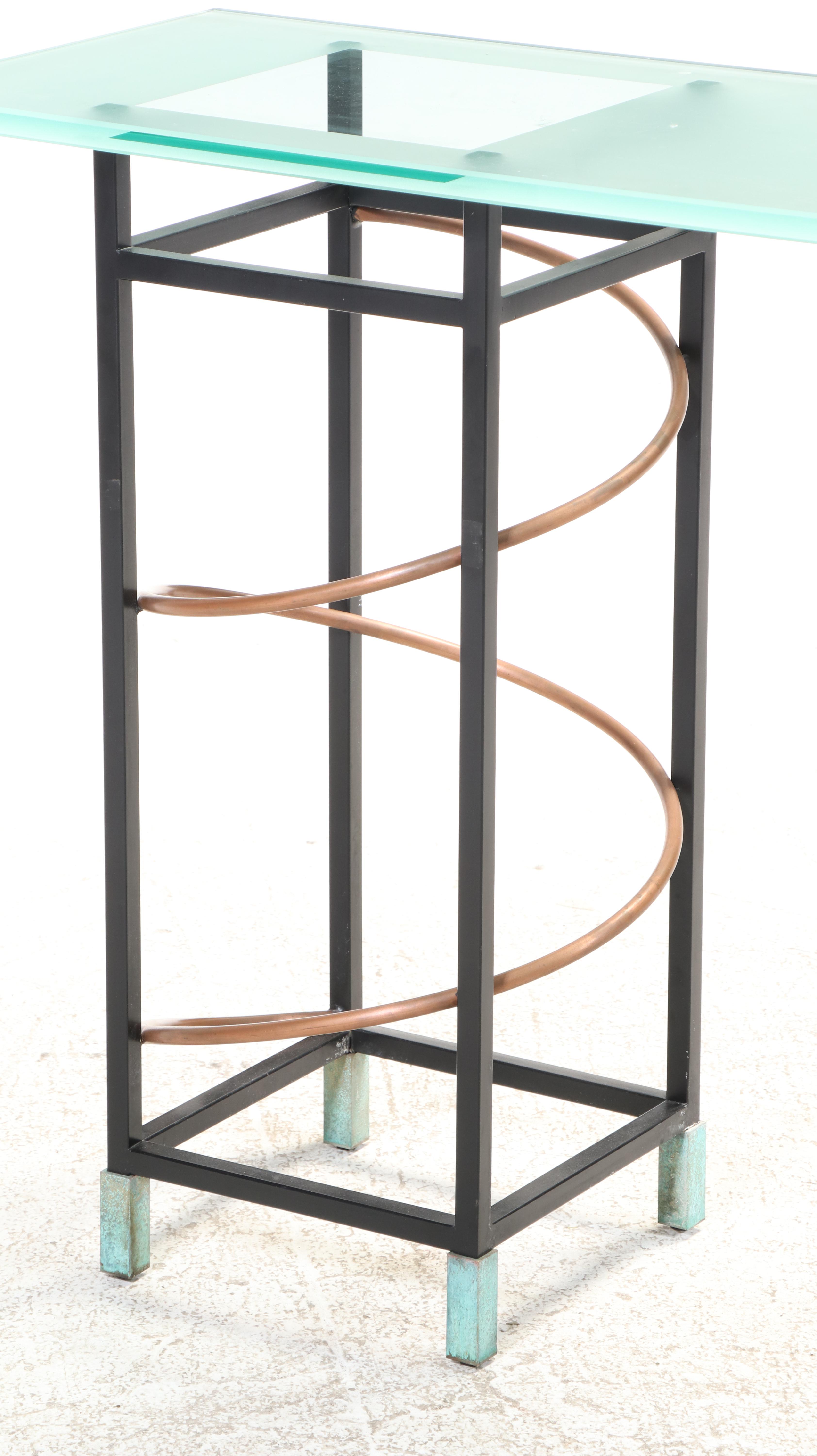 Postmodernist Powder-Coated Metal, Copper, and Frosted Glass Console Table