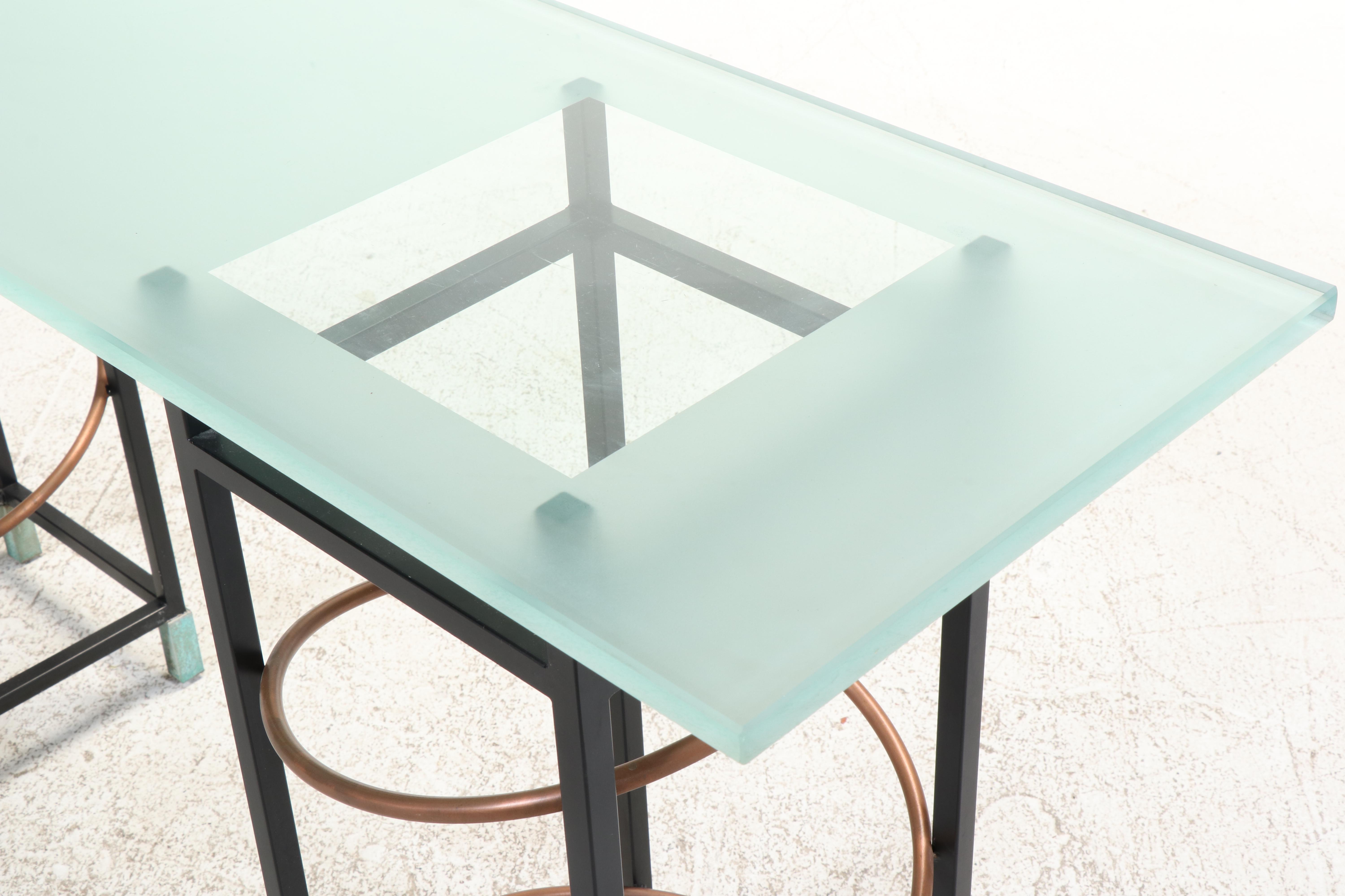 Postmodernist Powder-Coated Metal, Copper, and Frosted Glass Console Table