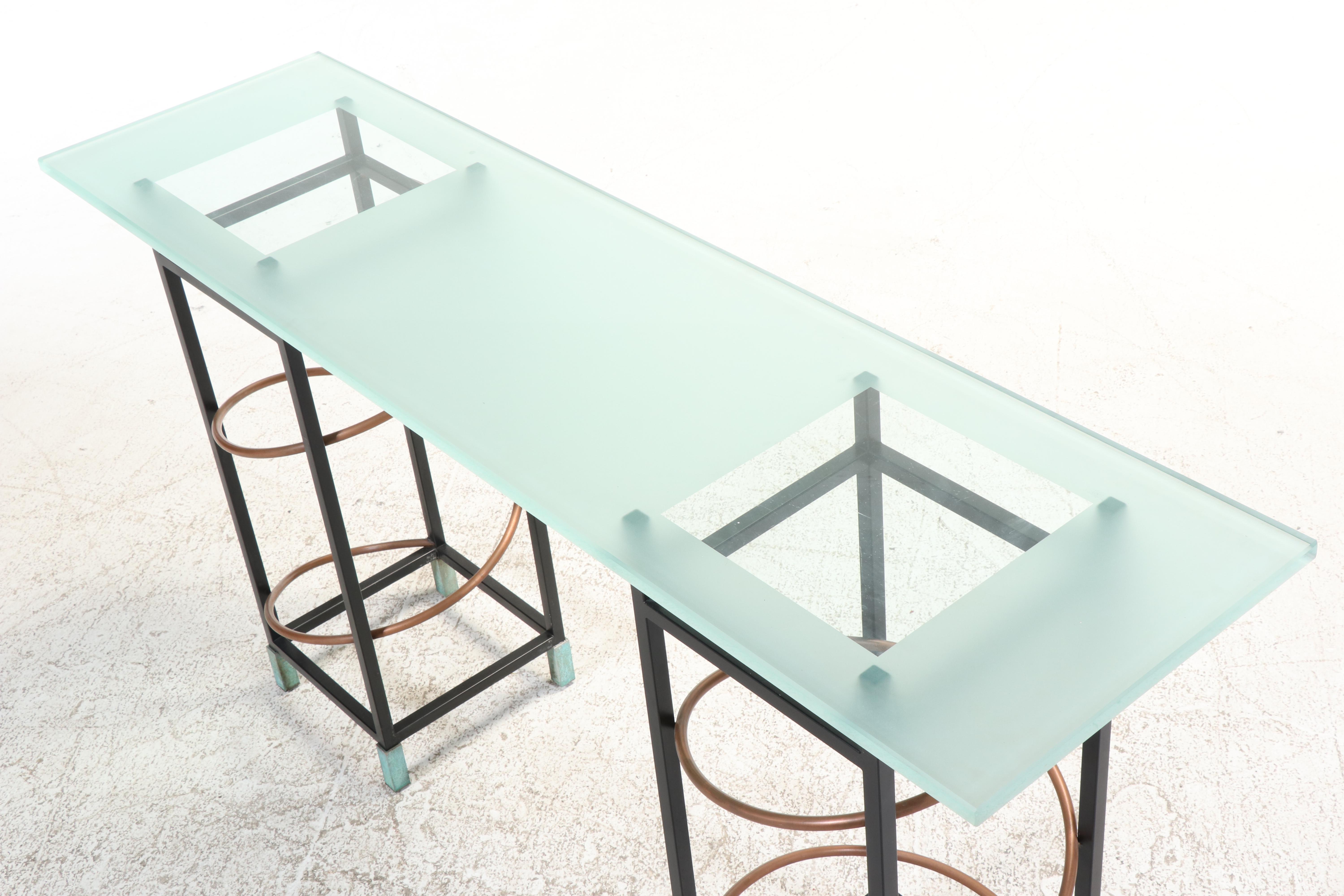 Postmodernist Powder-Coated Metal, Copper, and Frosted Glass Console Table