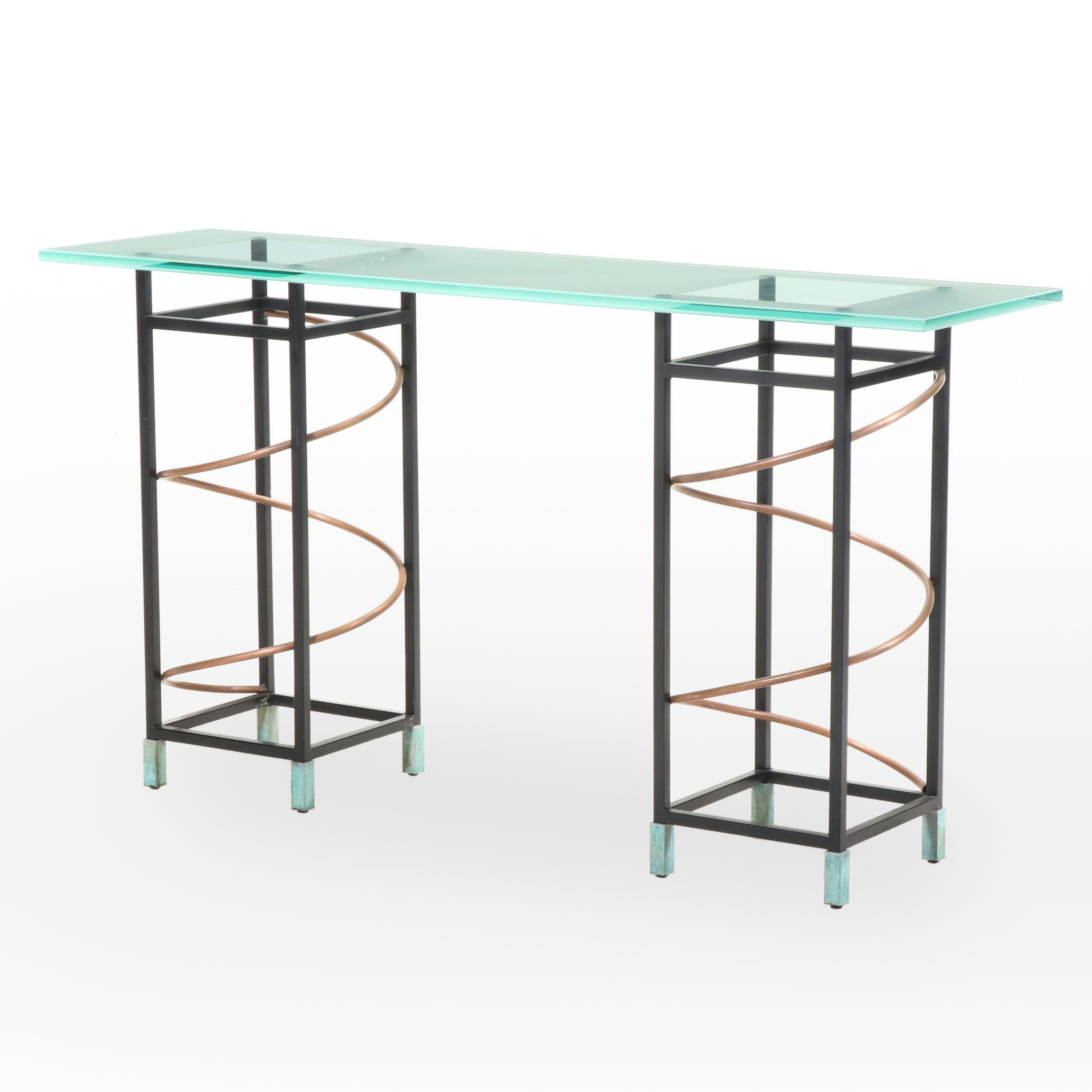 Postmodernist Powder-Coated Metal, Copper, and Frosted Glass Console Table