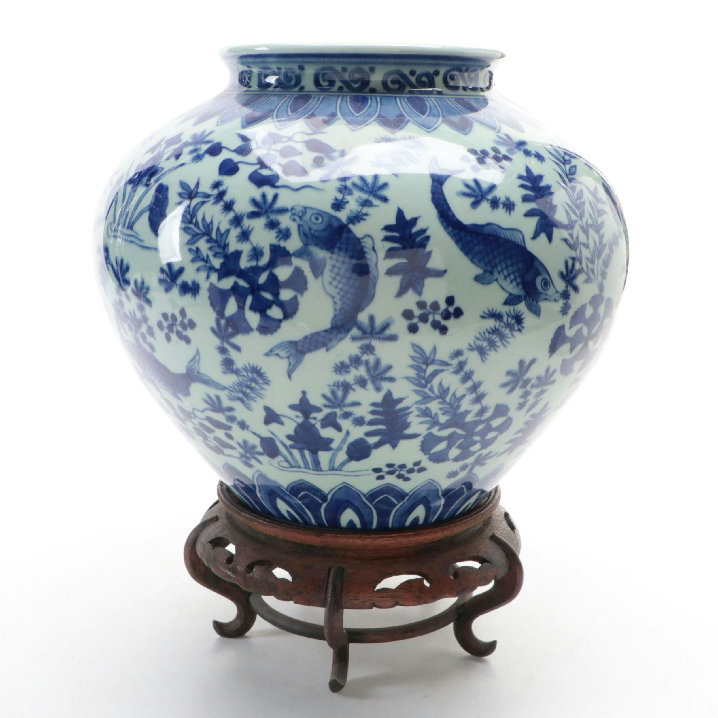 Fish Motif Ceramic Vase with Finished Wood Stand