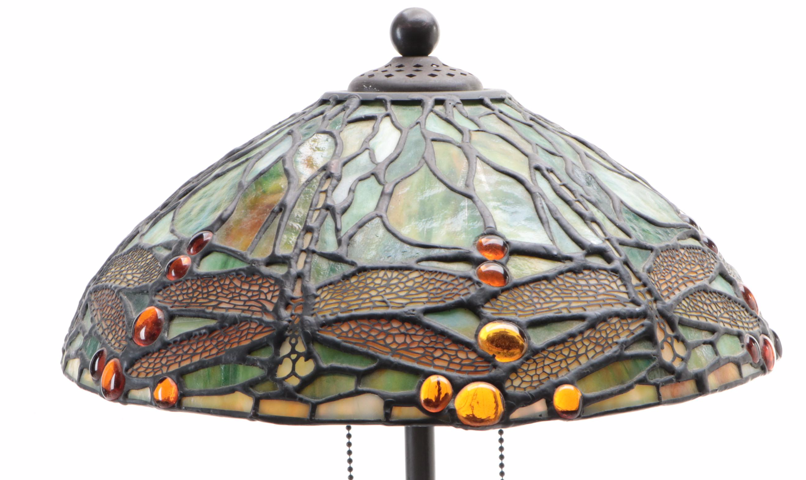 Art Nouveau Slag Glass Dragonflies Table Lamp with Bronzed Metal Base