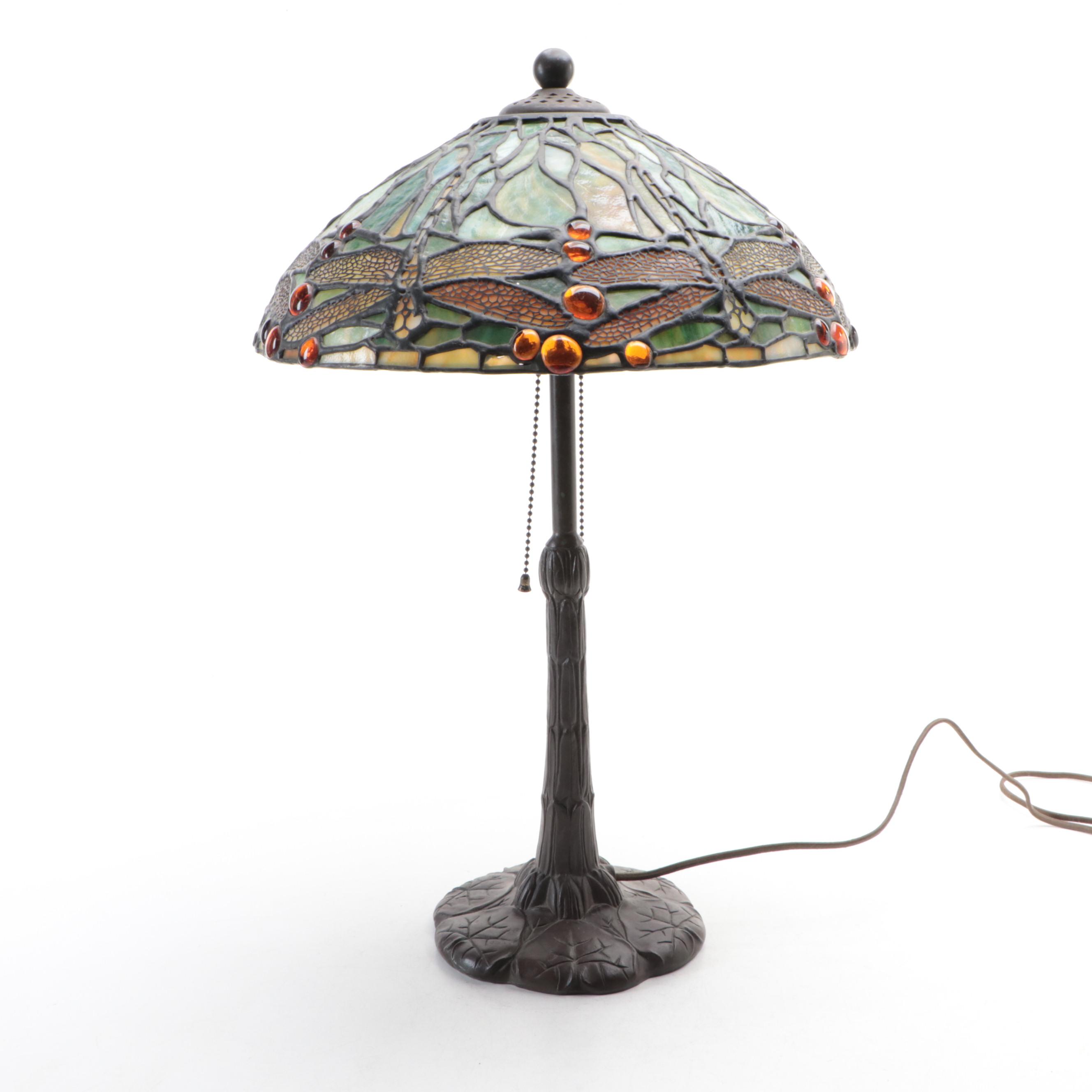 Art Nouveau Slag Glass Dragonflies Table Lamp with Bronzed Metal Base