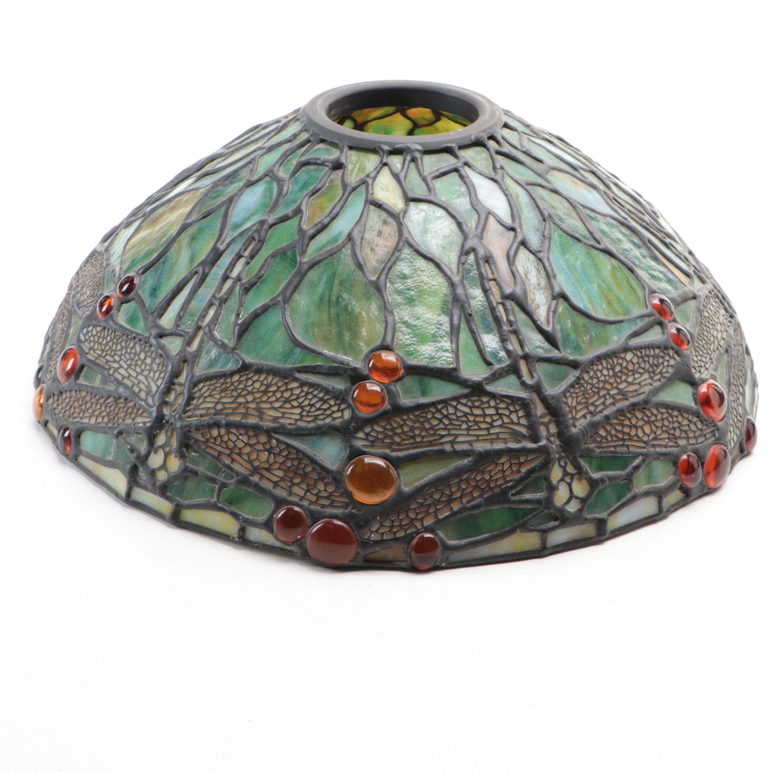 Art Nouveau Slag Glass Dragonflies Table Lamp with Bronzed Metal Base