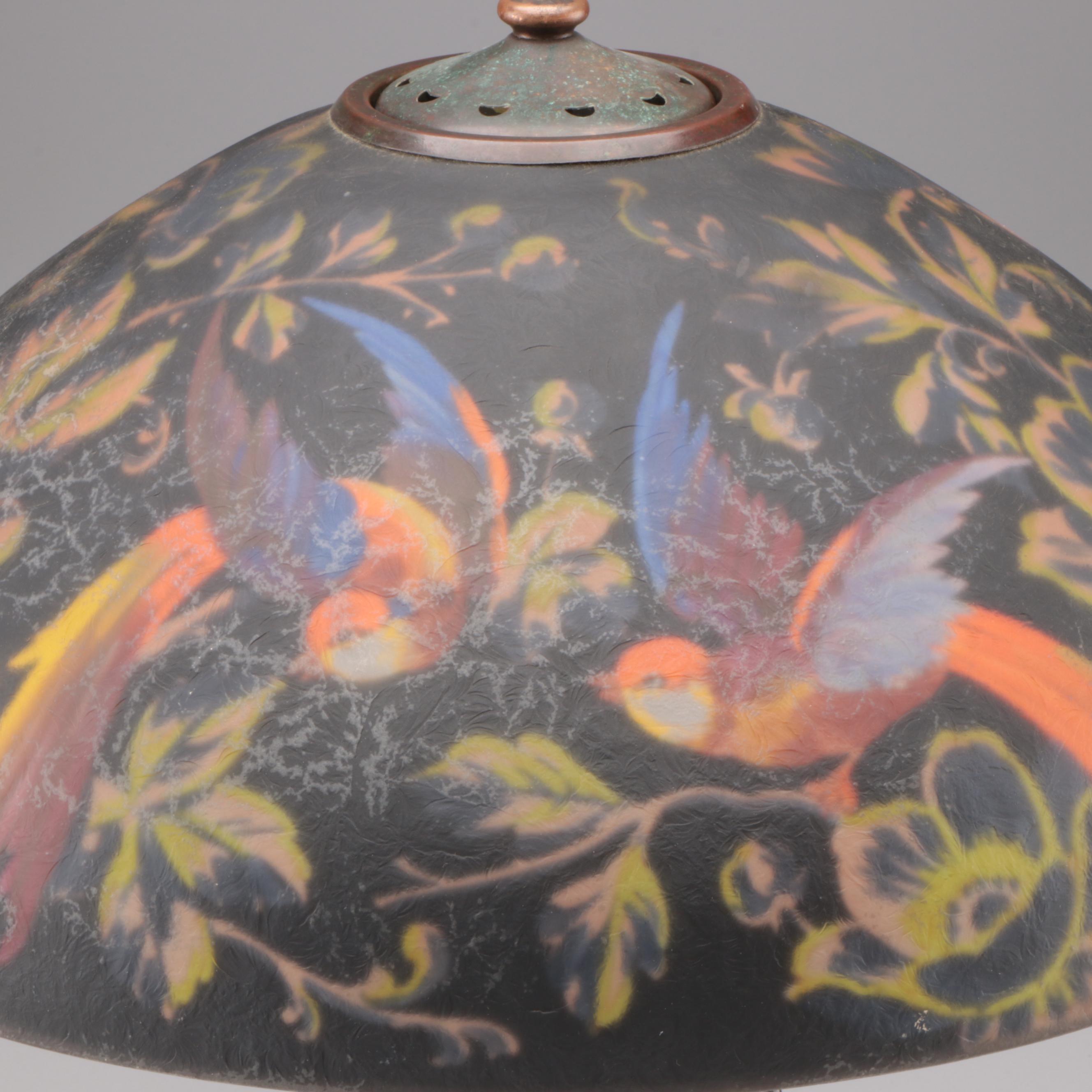 Handel Bronze Lamp & Birds of Paradise Reverse Painted Glass Shade, Early 20th C