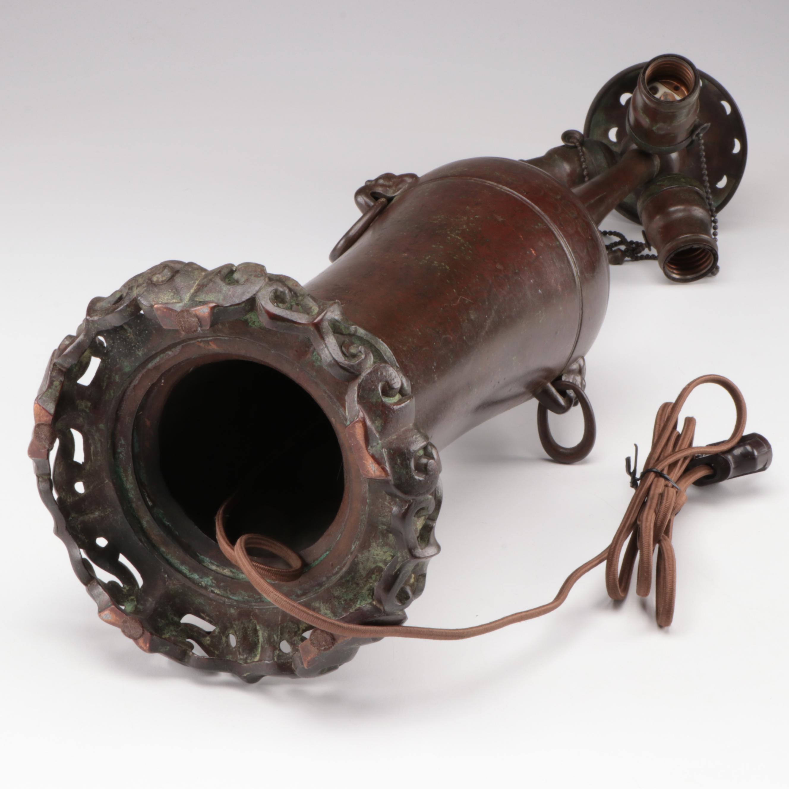 Handel Bronze Lamp & Birds of Paradise Reverse Painted Glass Shade, Early 20th C