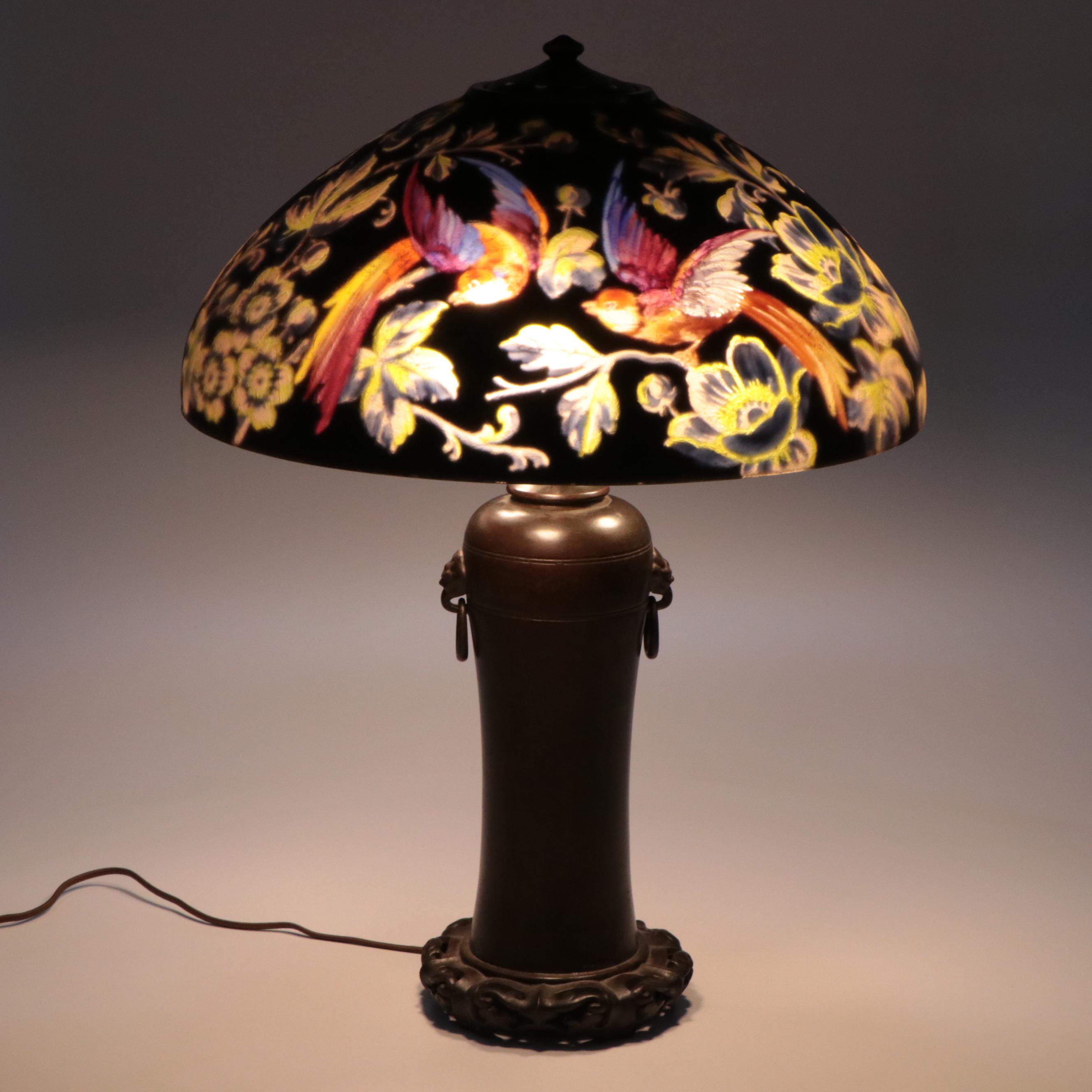 Handel Bronze Lamp & Birds of Paradise Reverse Painted Glass Shade, Early 20th C