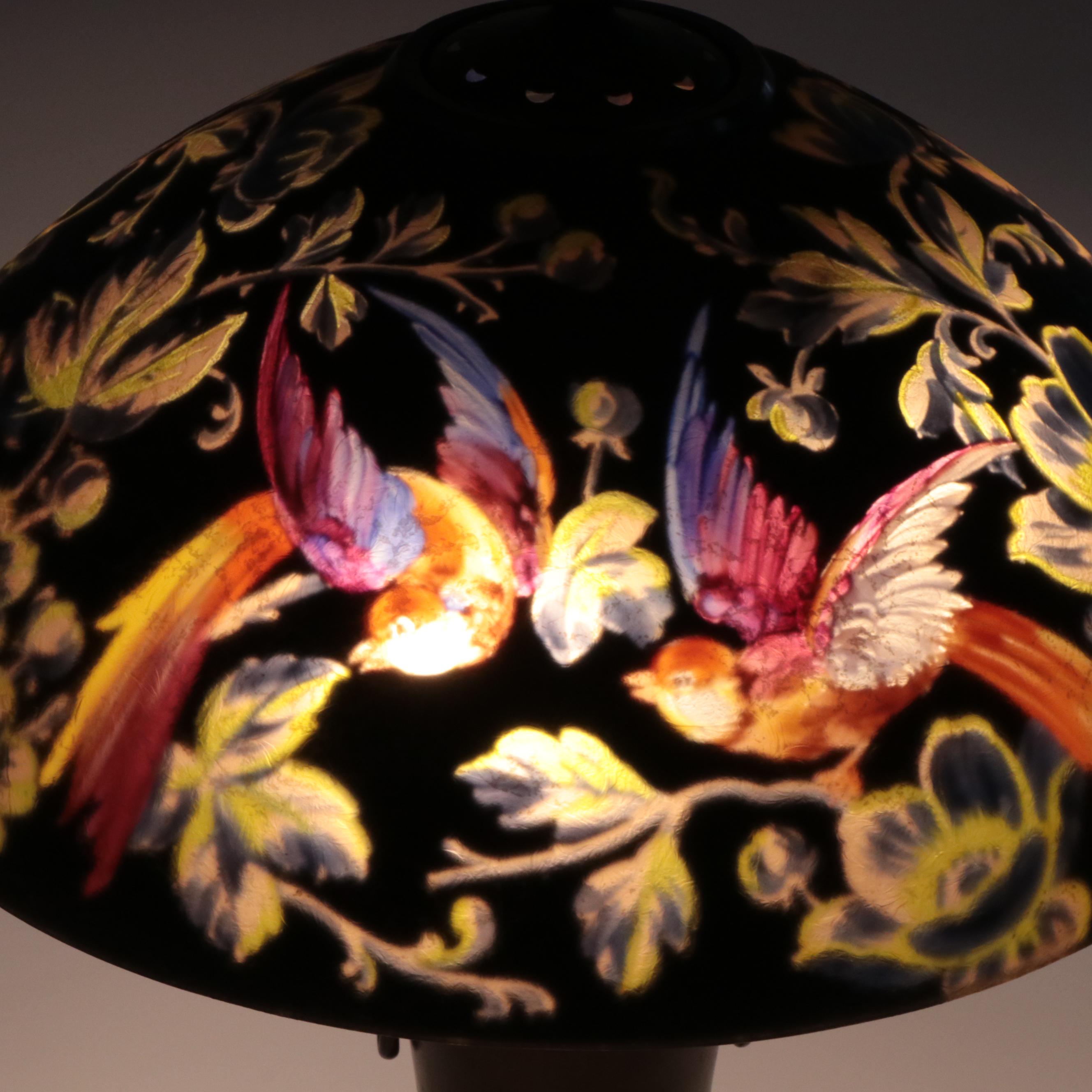 Handel Bronze Lamp & Birds of Paradise Reverse Painted Glass Shade, Early 20th C