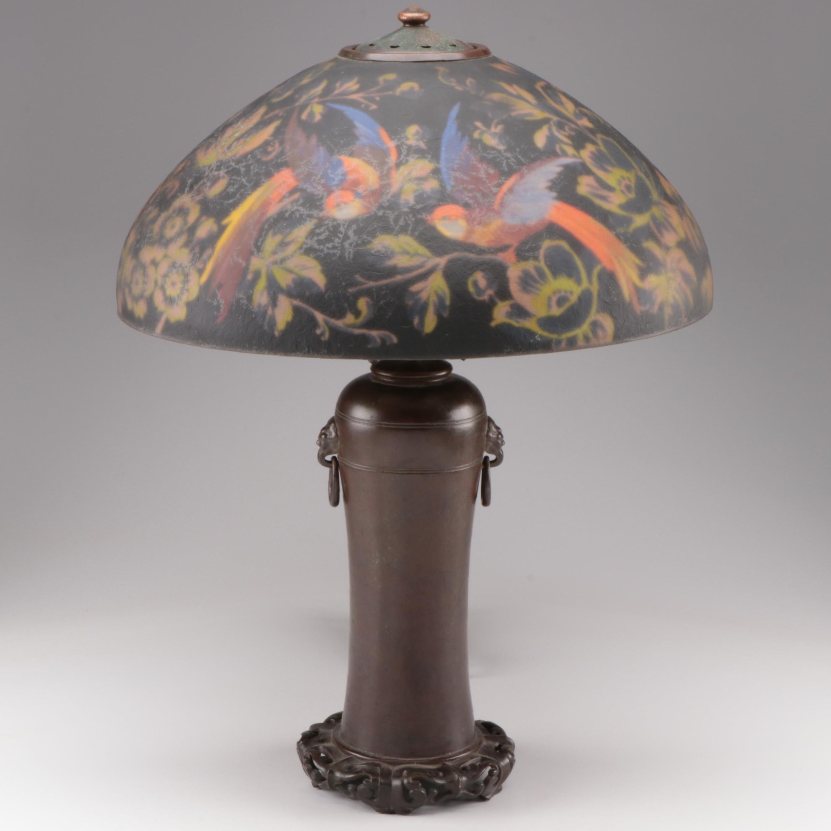 Handel Bronze Lamp & Birds of Paradise Reverse Painted Glass Shade, Early 20th C