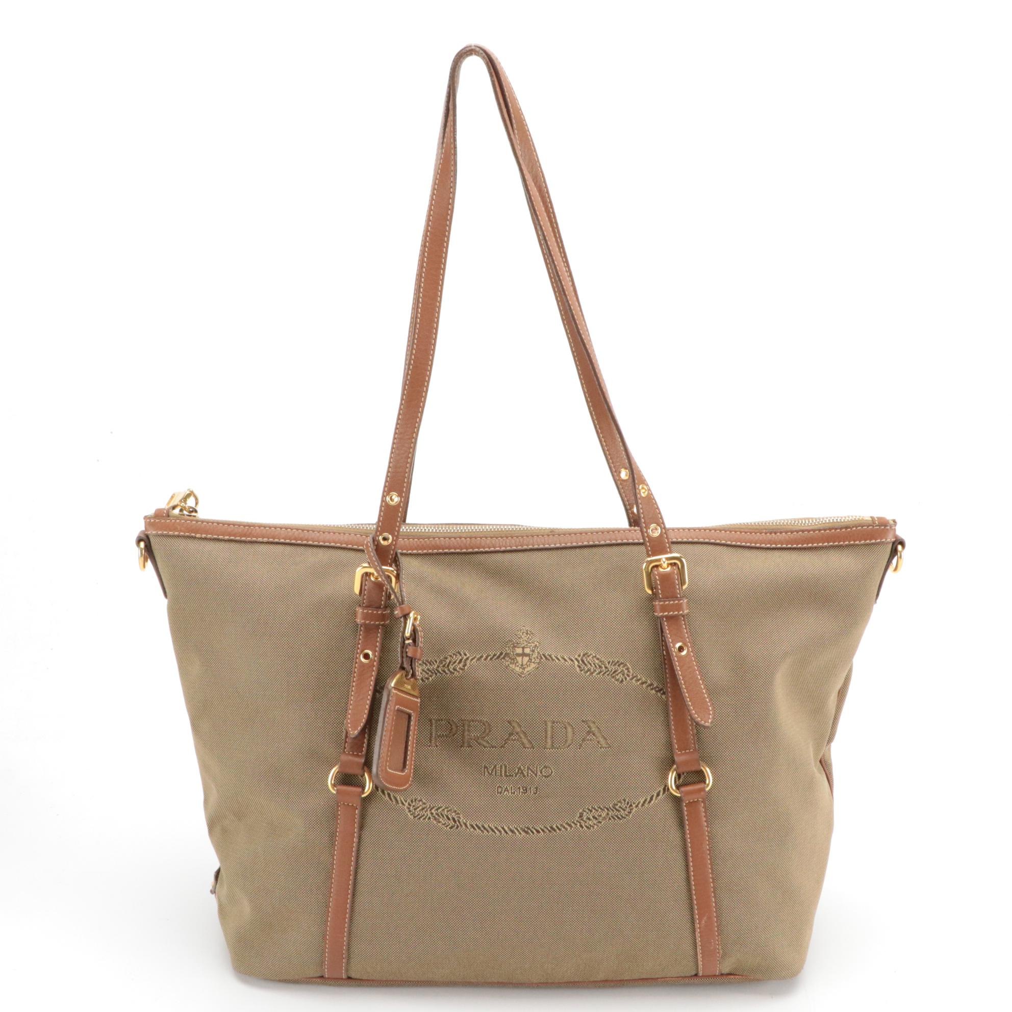 Prada Canapa Logo Shoulder Bag in Jacquard Canvas and Leather